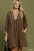 Margot Textured Split Neck Mini Dress - Mocha with Contrast Cuffs