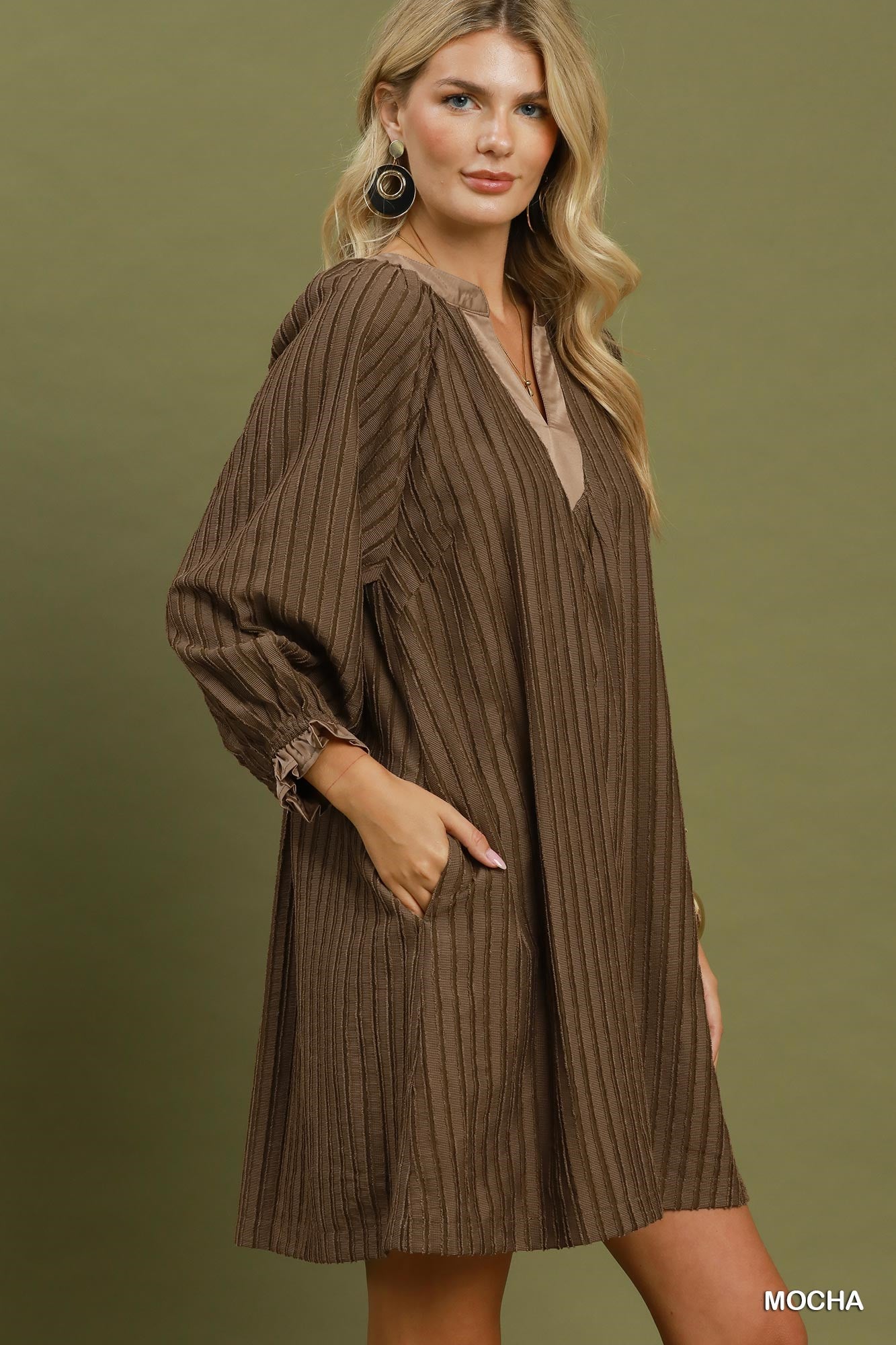 Margot Textured Split Neck Mini Dress - Mocha with Contrast Cuffs - view 3