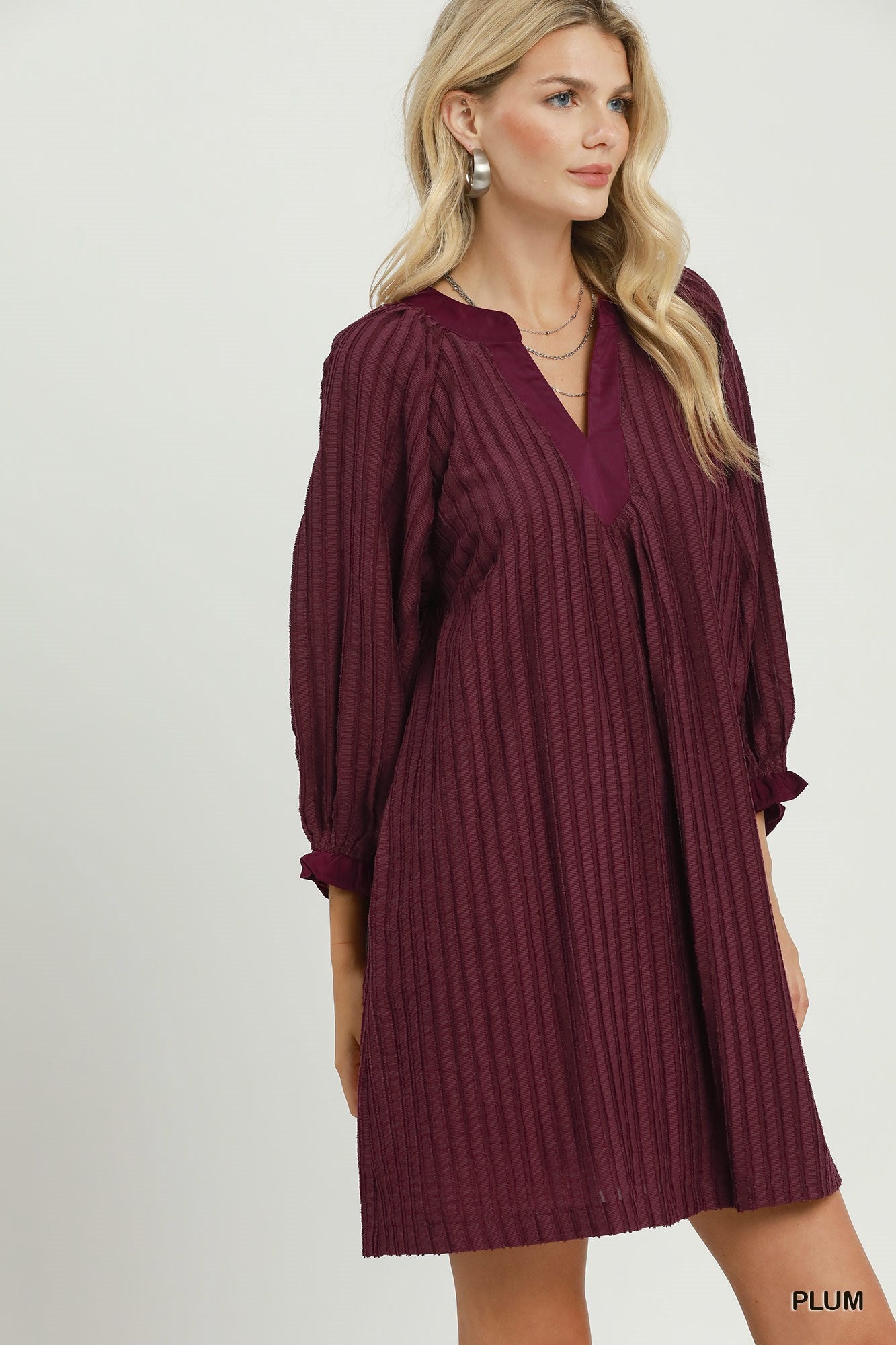 Margot Textured Split Neck Mini Dress - Plum with Contrast Cuffs - view 3
