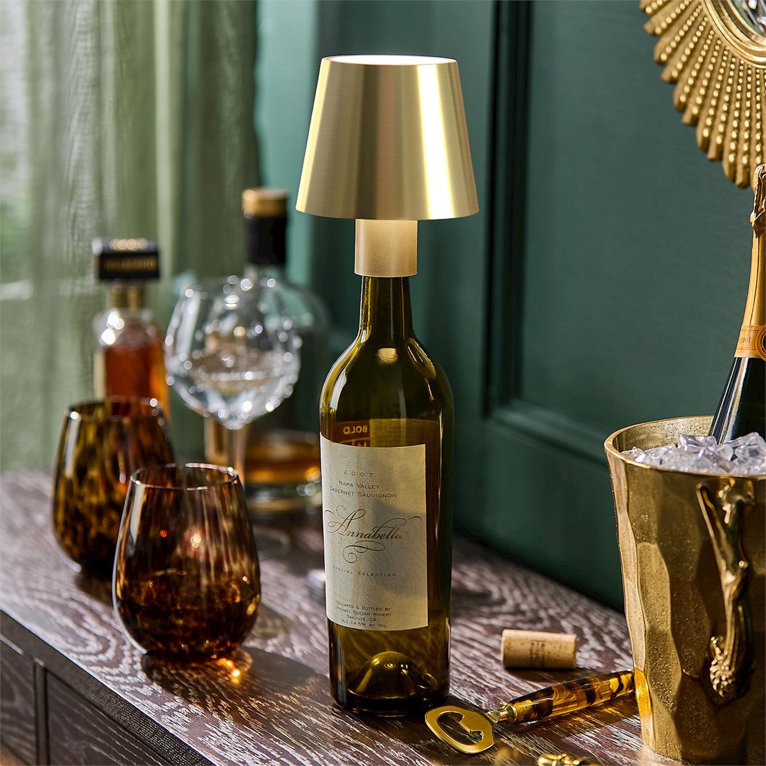 LED Portable Cordless Gold Lampshade Bottle Lamp with Stopper Attachment in Gift Box