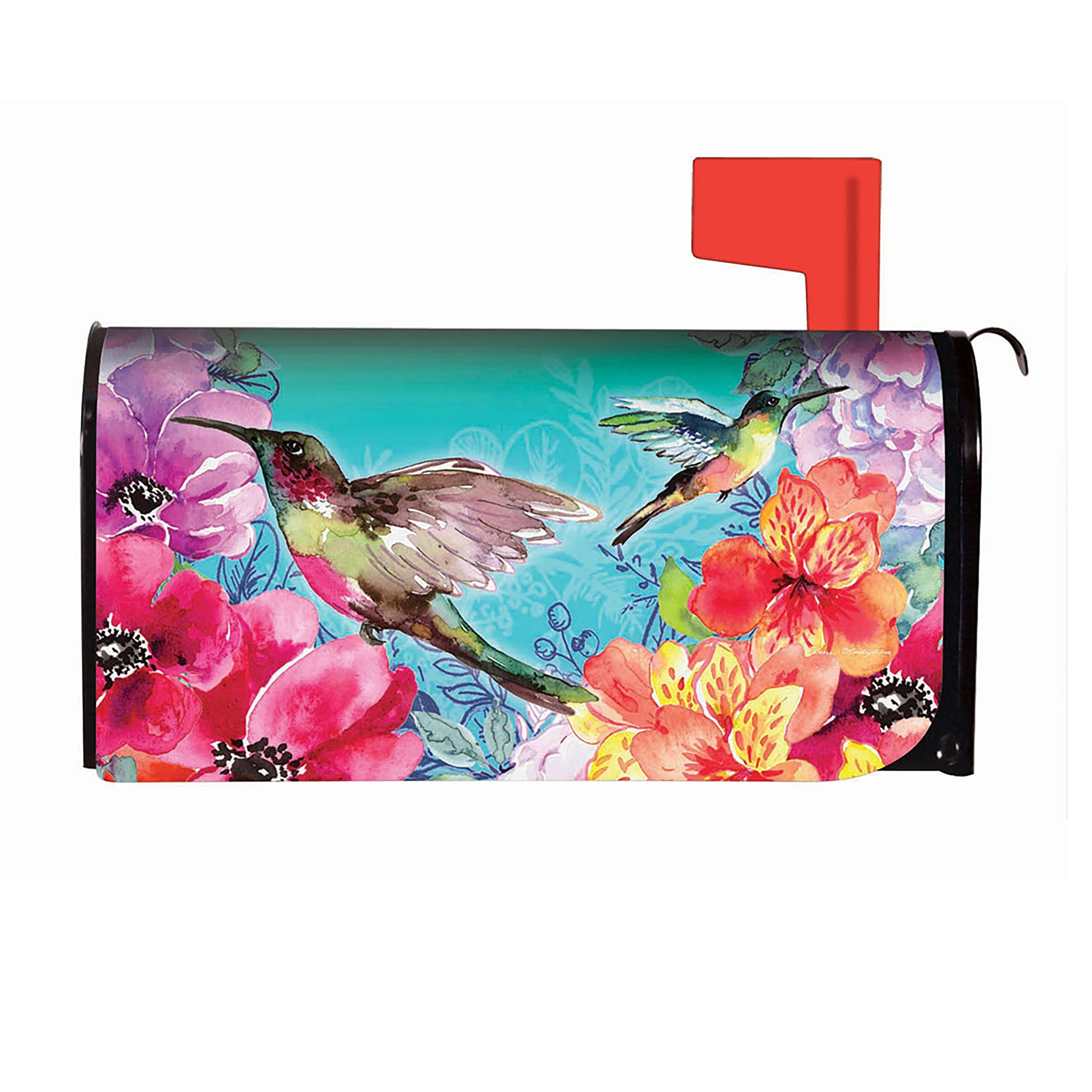 Bright Flowers and Hummingbirds Mailbox Cover