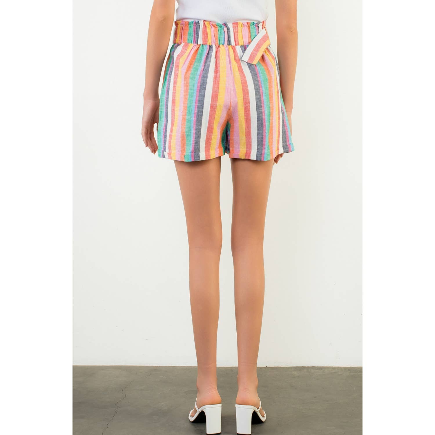Hannah Pink Multicolor High Waist Stripe Shorts with Waist Tie