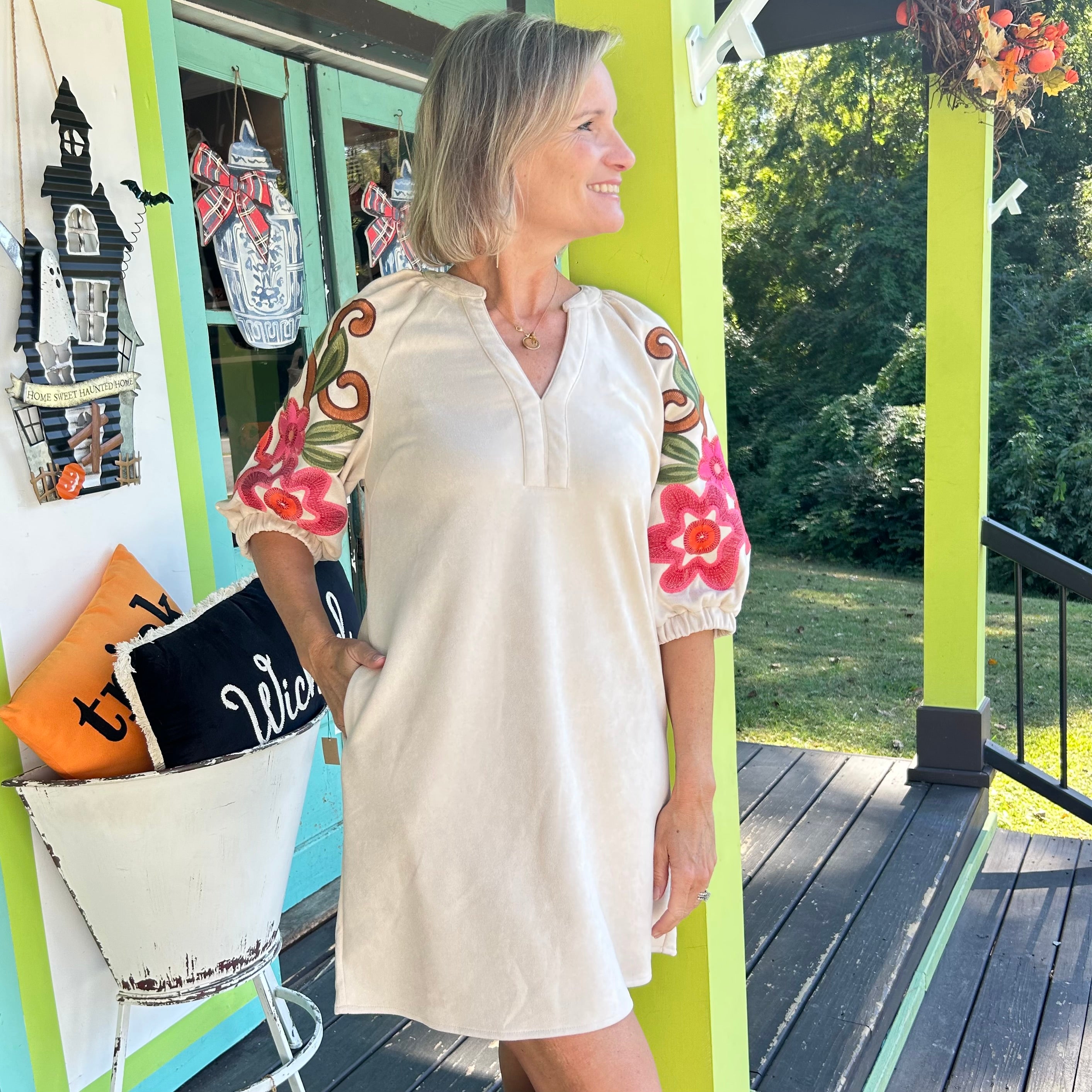 Pearl THML Suede Short Dress with Embroidered Sleeves – Cream