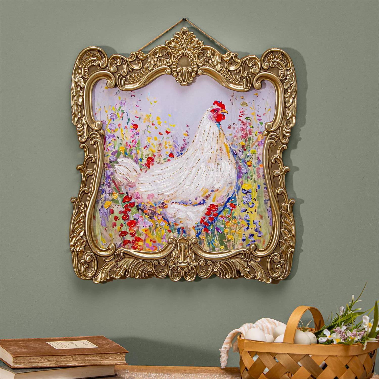 Chicken in Gold Decorative Frame, 20" L x 23" H