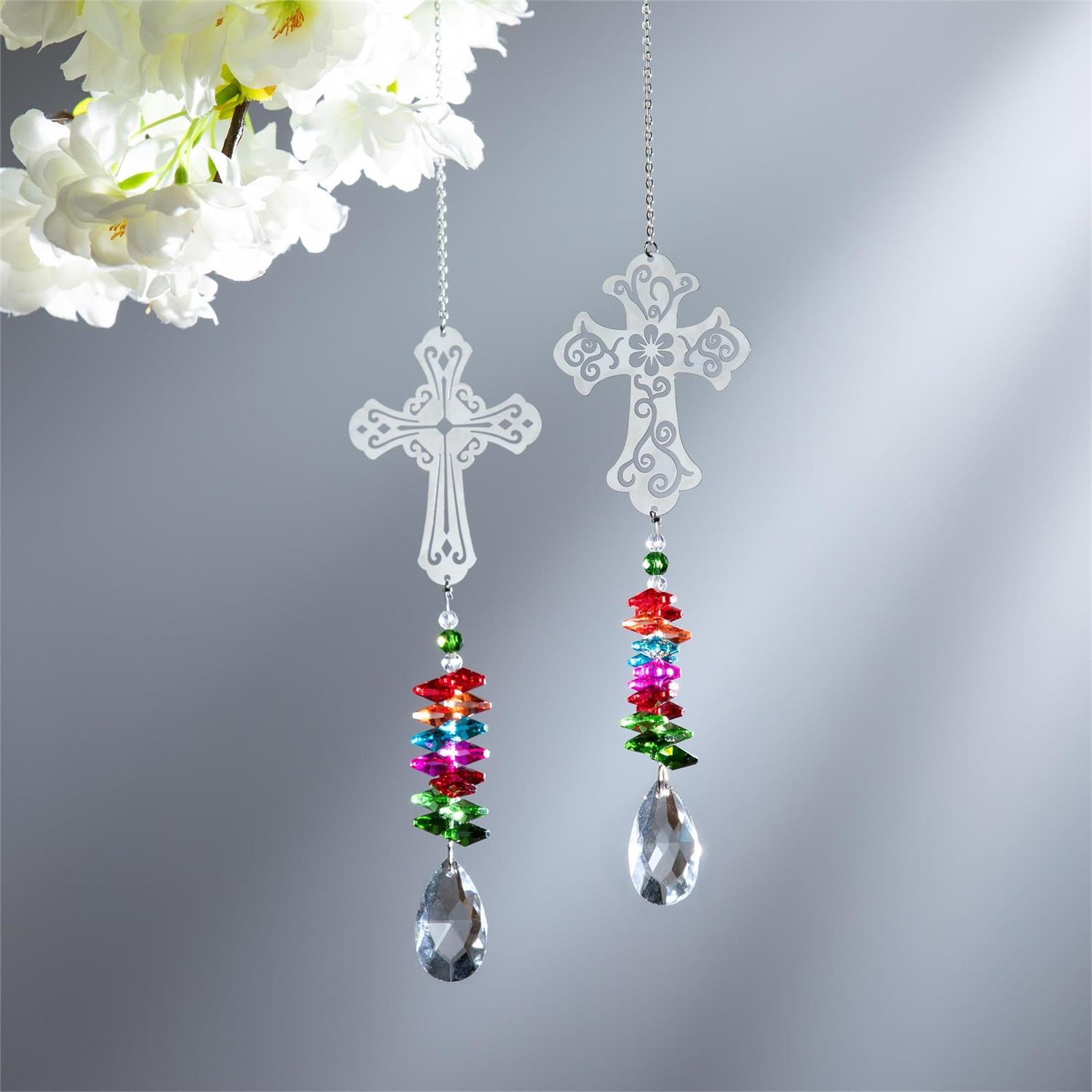 Memorial Trinket Metal and Crystal Hanging Cross, 11"