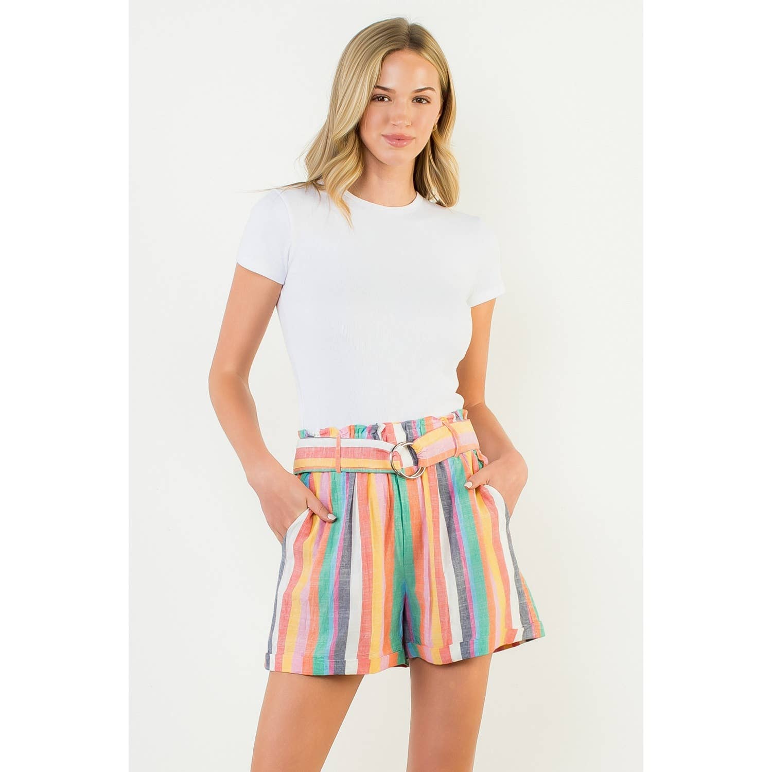 Hannah Pink Multicolor High Waist Stripe Shorts with Waist Tie