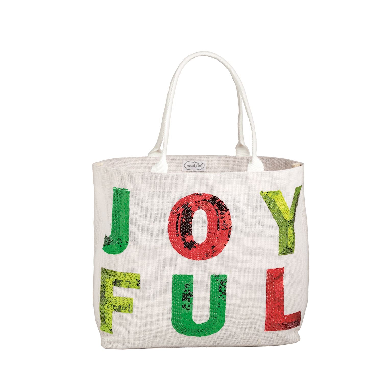 White Joyful Holiday Classic Sparkle Tote By Mud Pie