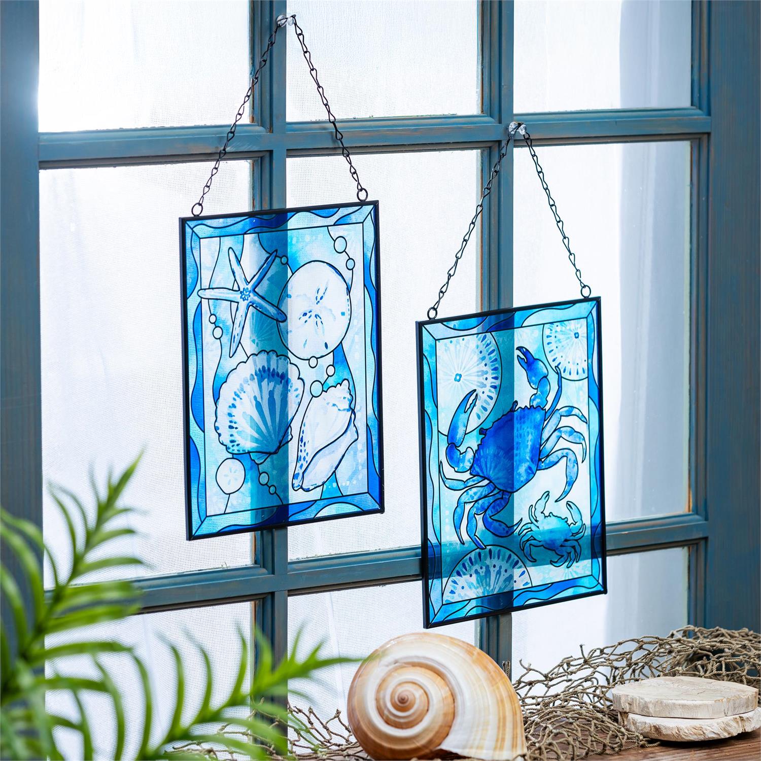 Blue Coastal Indoor Wall Decor, Stained-Glass, Stained Glass Wall Décor, 8" L x 10" H