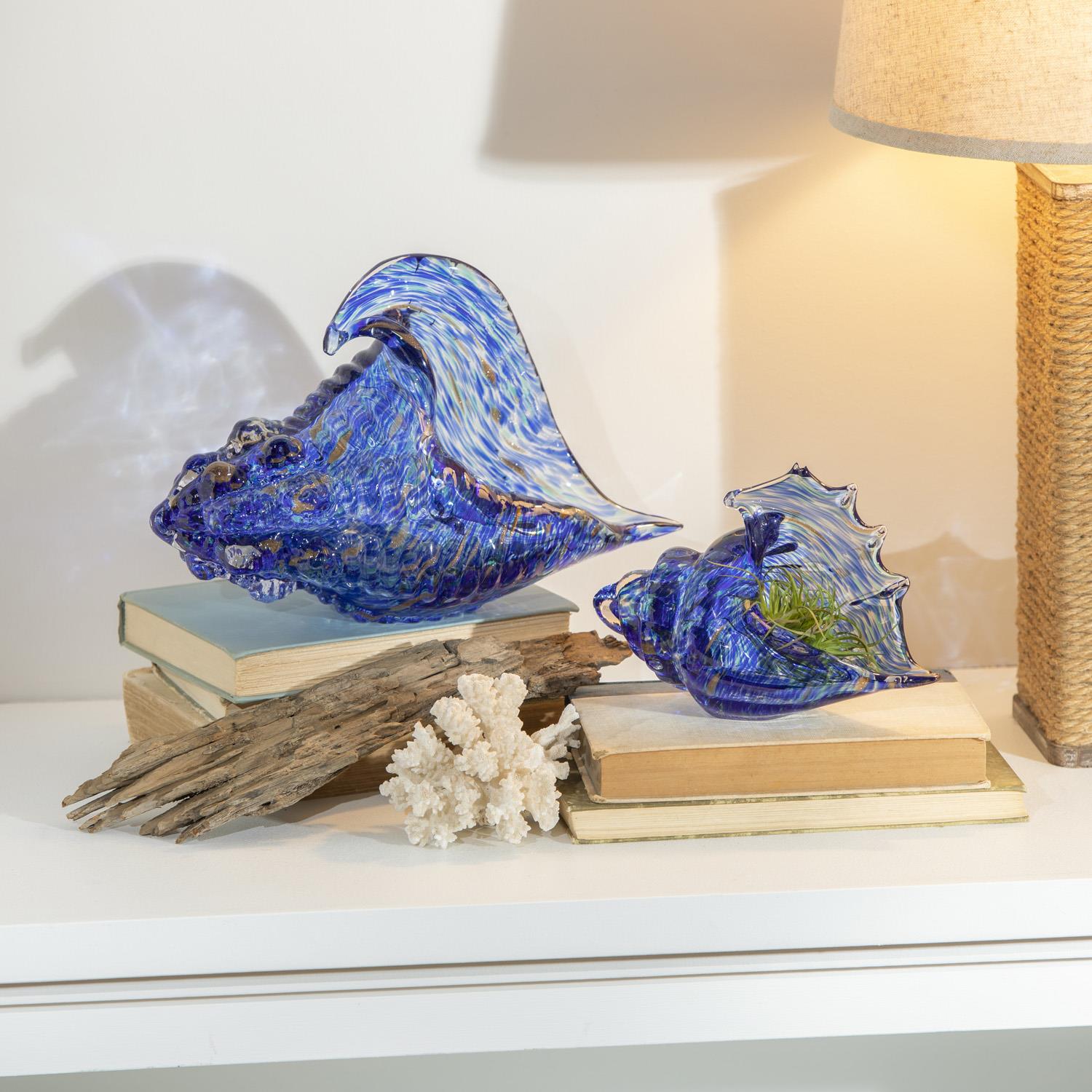 Blue Coastal Glass Conch Shell Table Decor