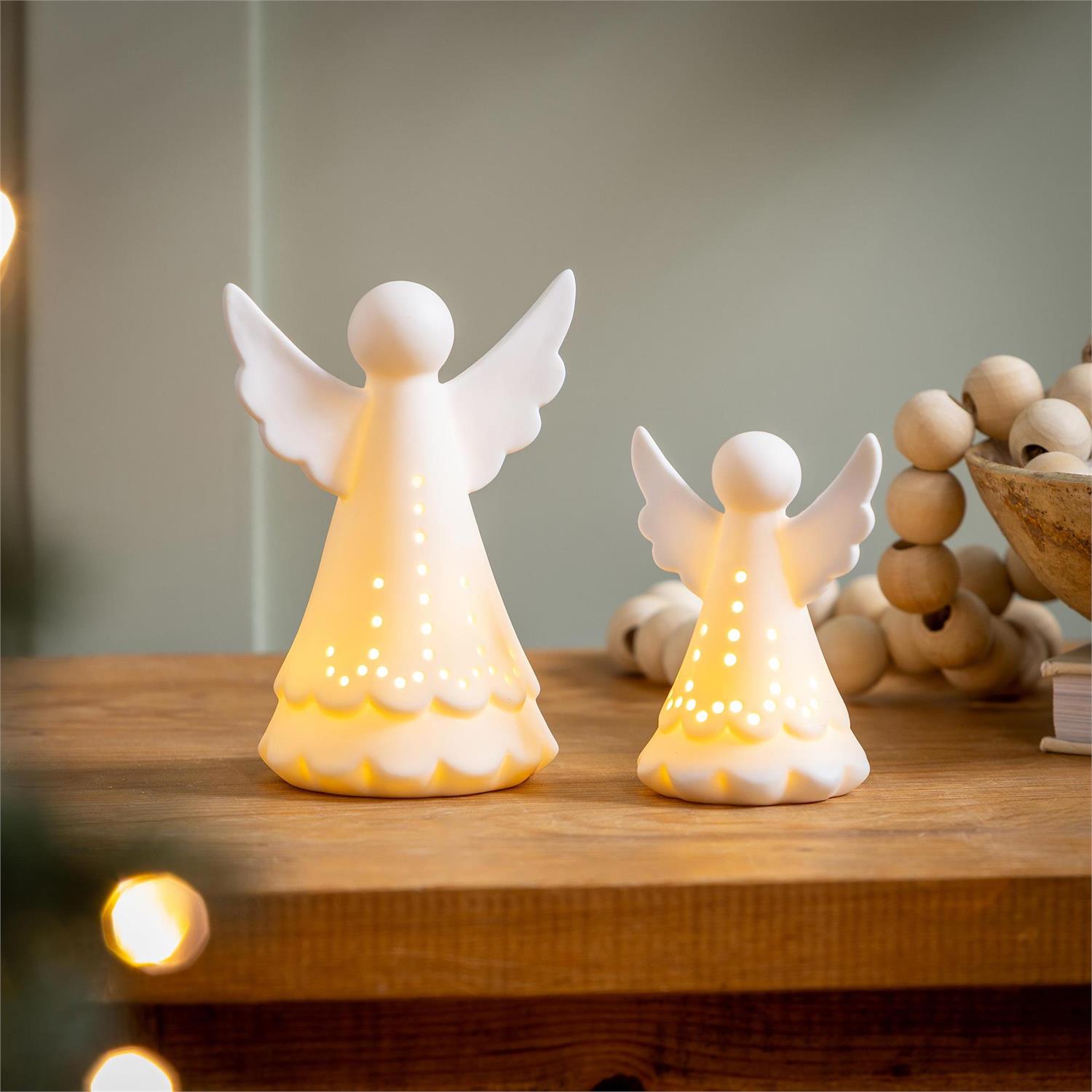 VivaStyle Playful Poinsettia LED Ceramic Angel Set