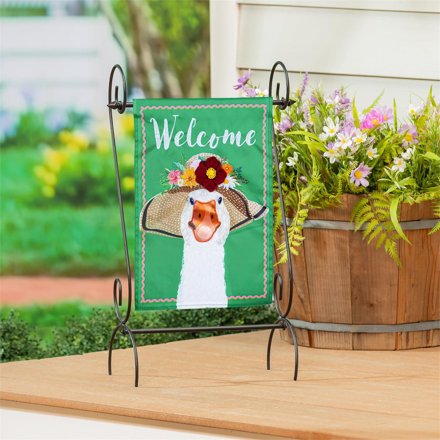 Flowery Goose Applique Garden Flag by Evergreen - view 2