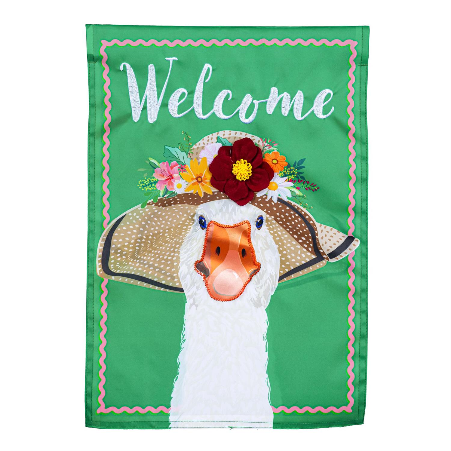 Flowery Goose Applique Garden Flag by Evergreen