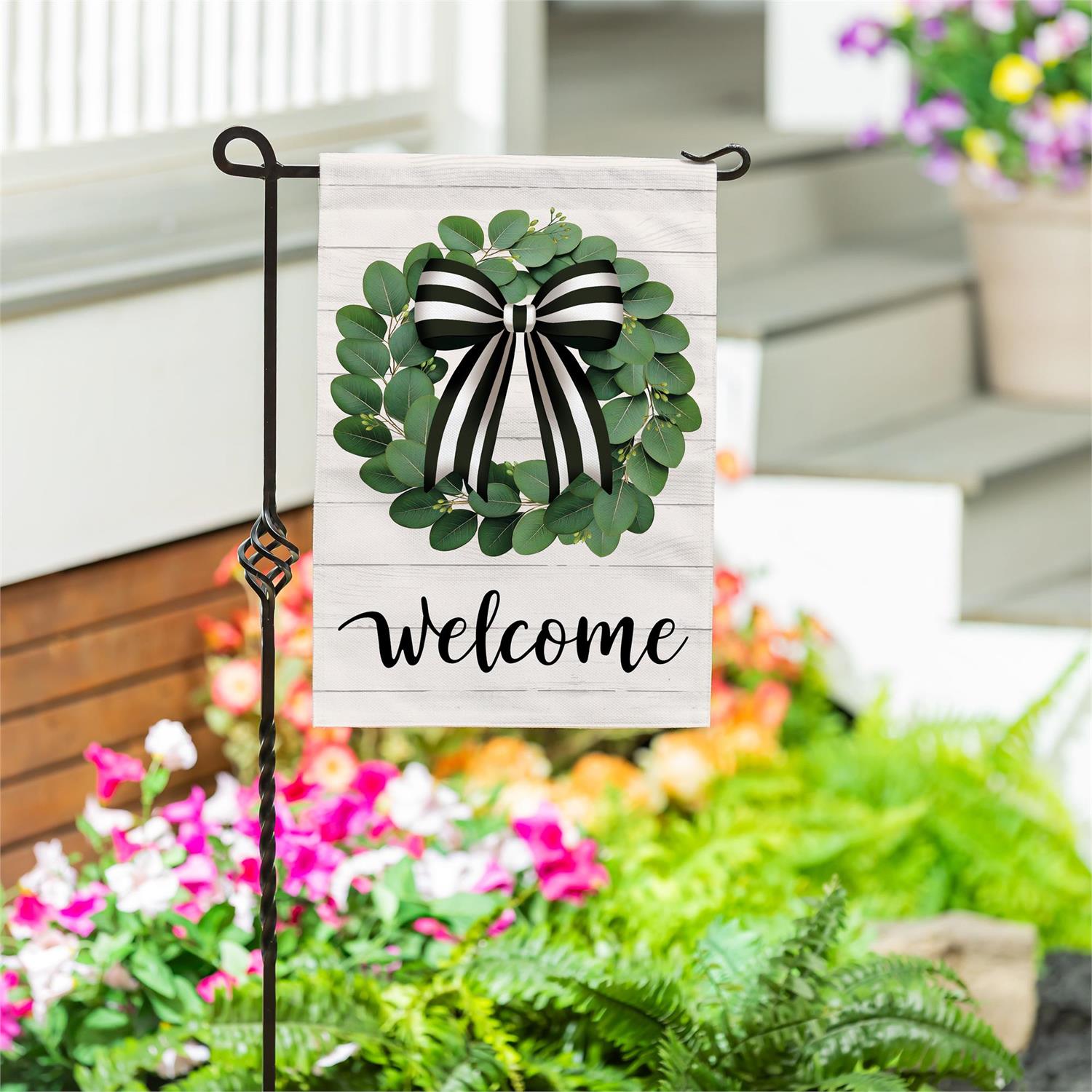 Eucalyptus Leaves Wreath Burlap Garden Flag by Evergreen - view 2