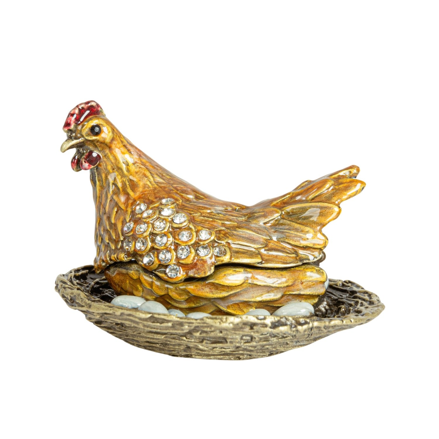 Enameled Metal Hen Trinket Box w/ Jewels