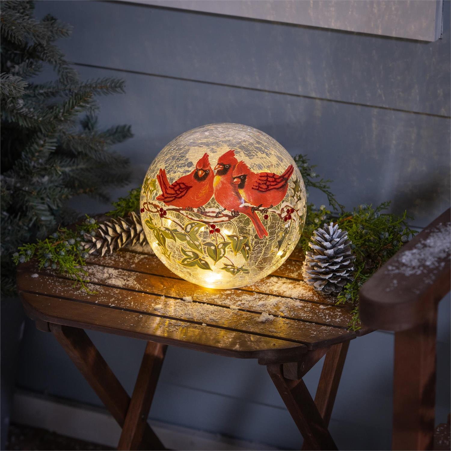 Snowbirds Gazing Ball, Glass, LED, Cardinals Decorative, 8"