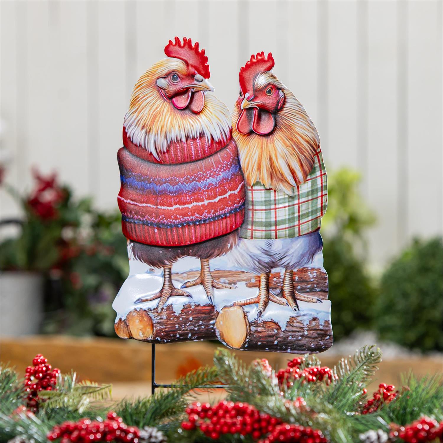 Holly Homestead Garden Stake, Metal Christmas Hens 23"H