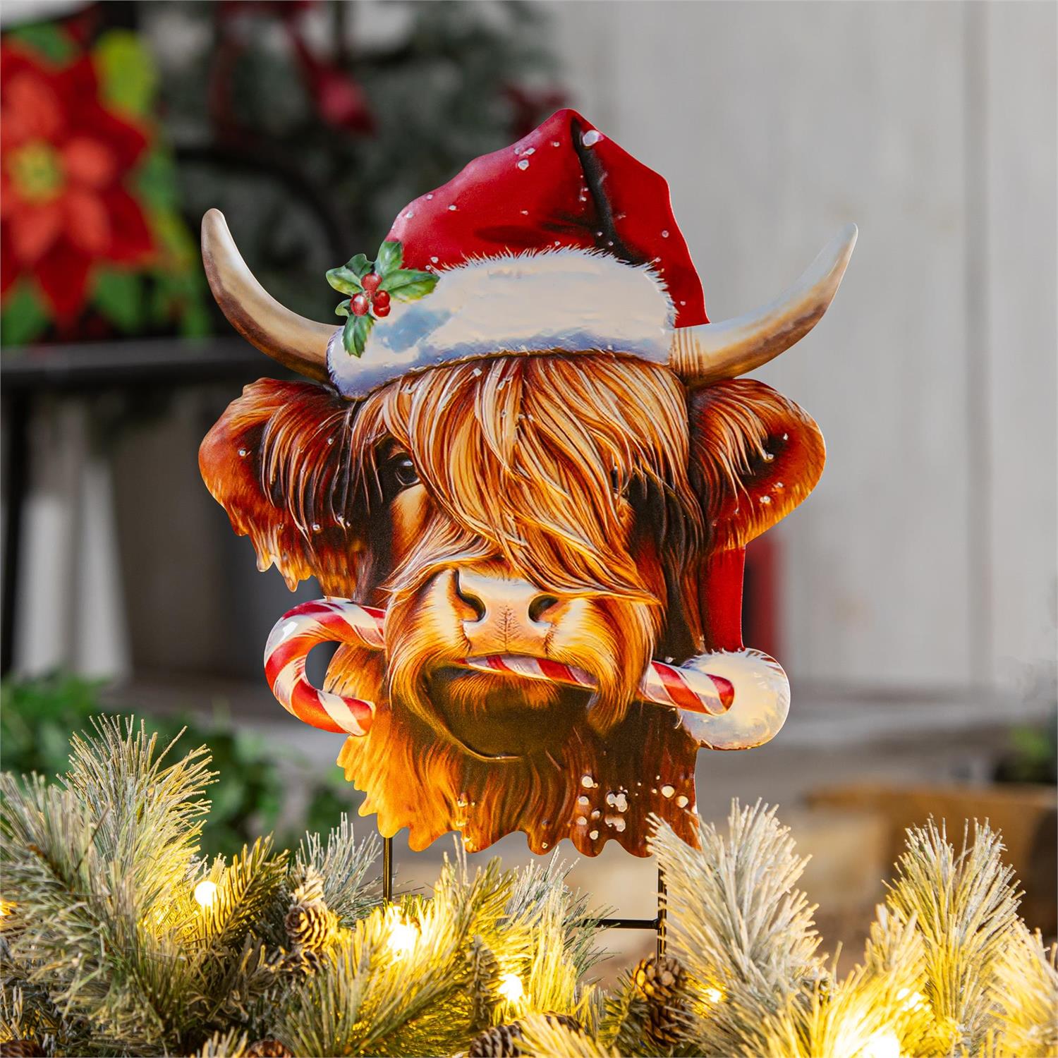 Holly Homestead Garden Stake, Metal Christmas Highland Cow 23"H