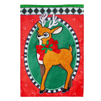 Patterned Reindeer with Holly Applique Garden Flag