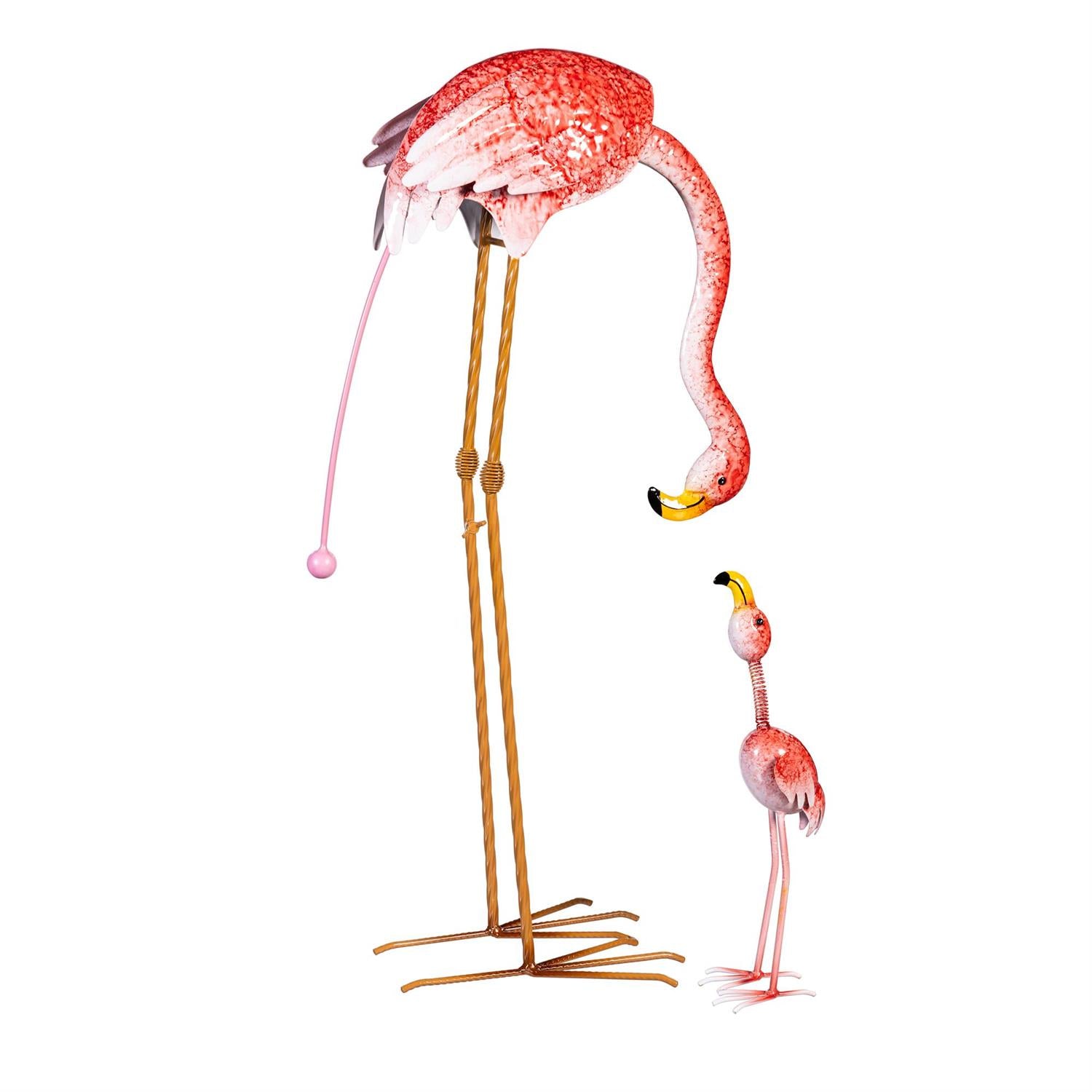 Metal Flamingo Mom Balancer with Wobbly Baby Statue Set