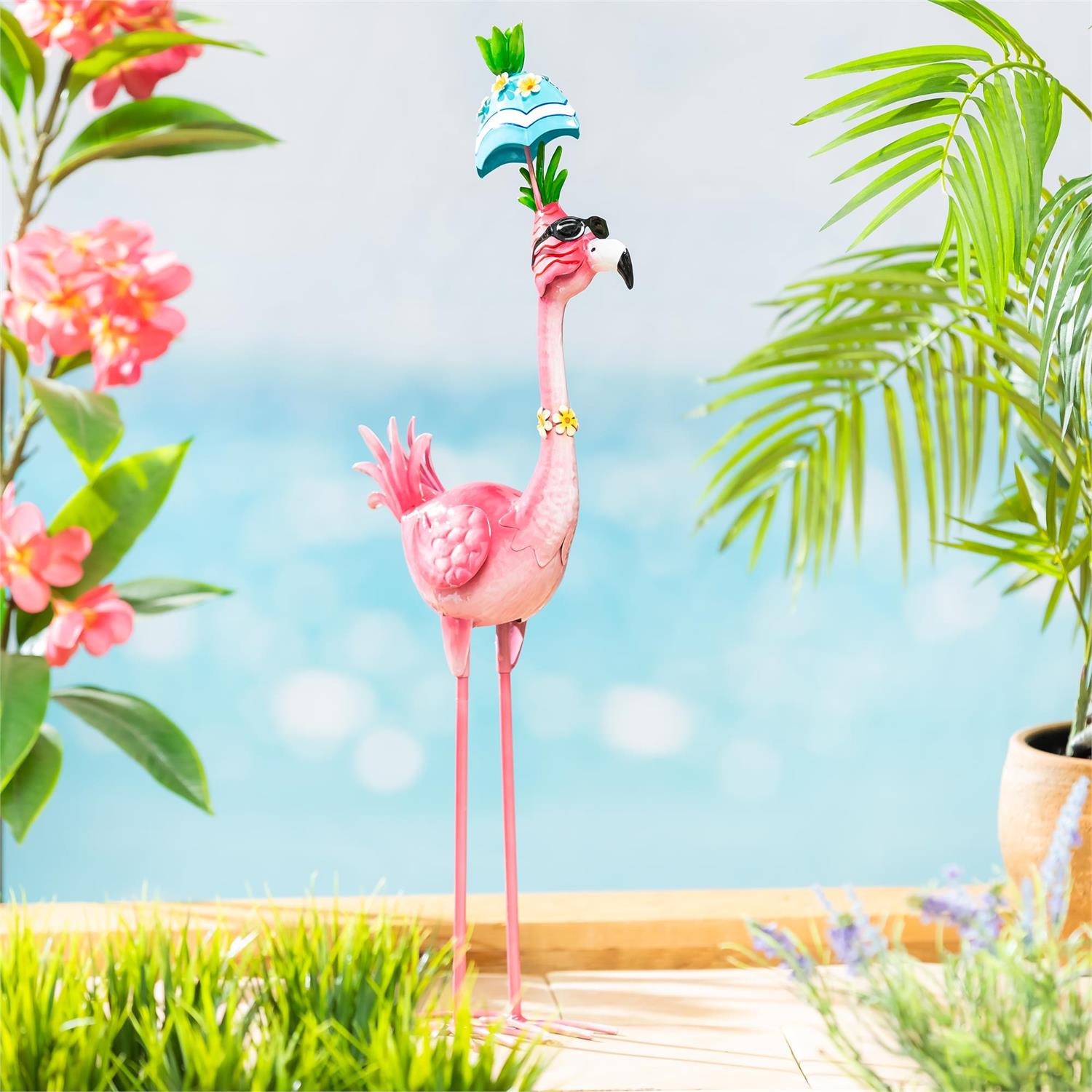 Metal Flamingo Garden Stake with Blue Floral Umbrella