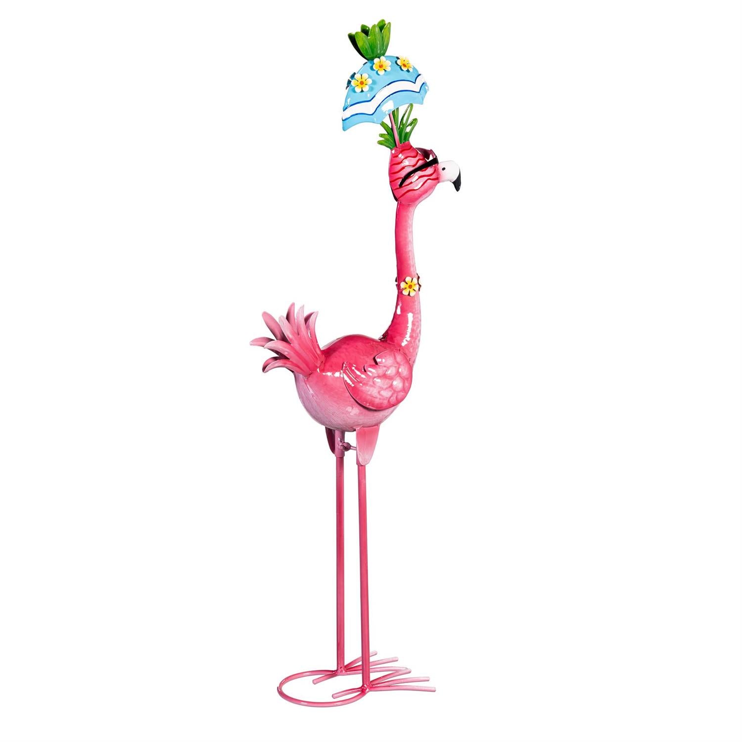 Metal Flamingo Garden Stake with Blue Floral Umbrella