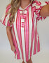 Lucy Pink/Red Stripe Puff Sleeve Dress