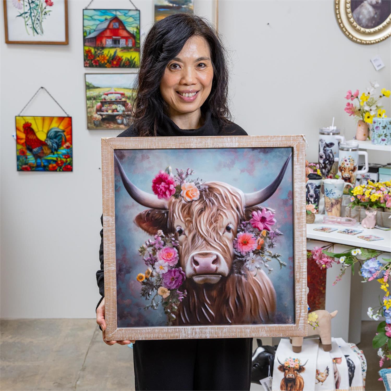 Metal, Yak with Florals Metal with Wooden Frame Wall Art