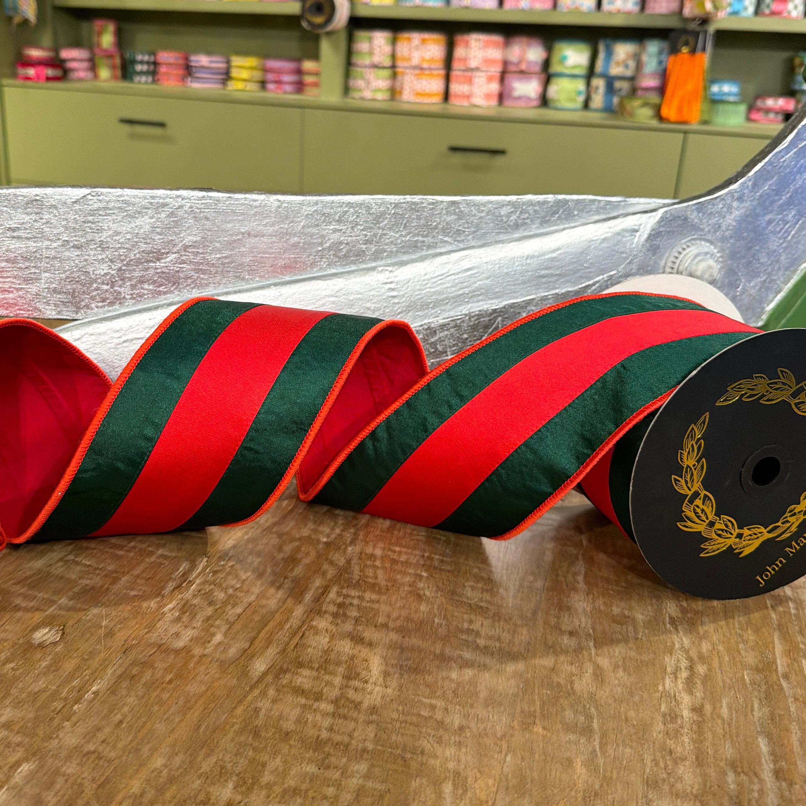 John Mark Satin Stripe Double-Fused Wired Ribbon - Green & Red, 4" x 10 yd