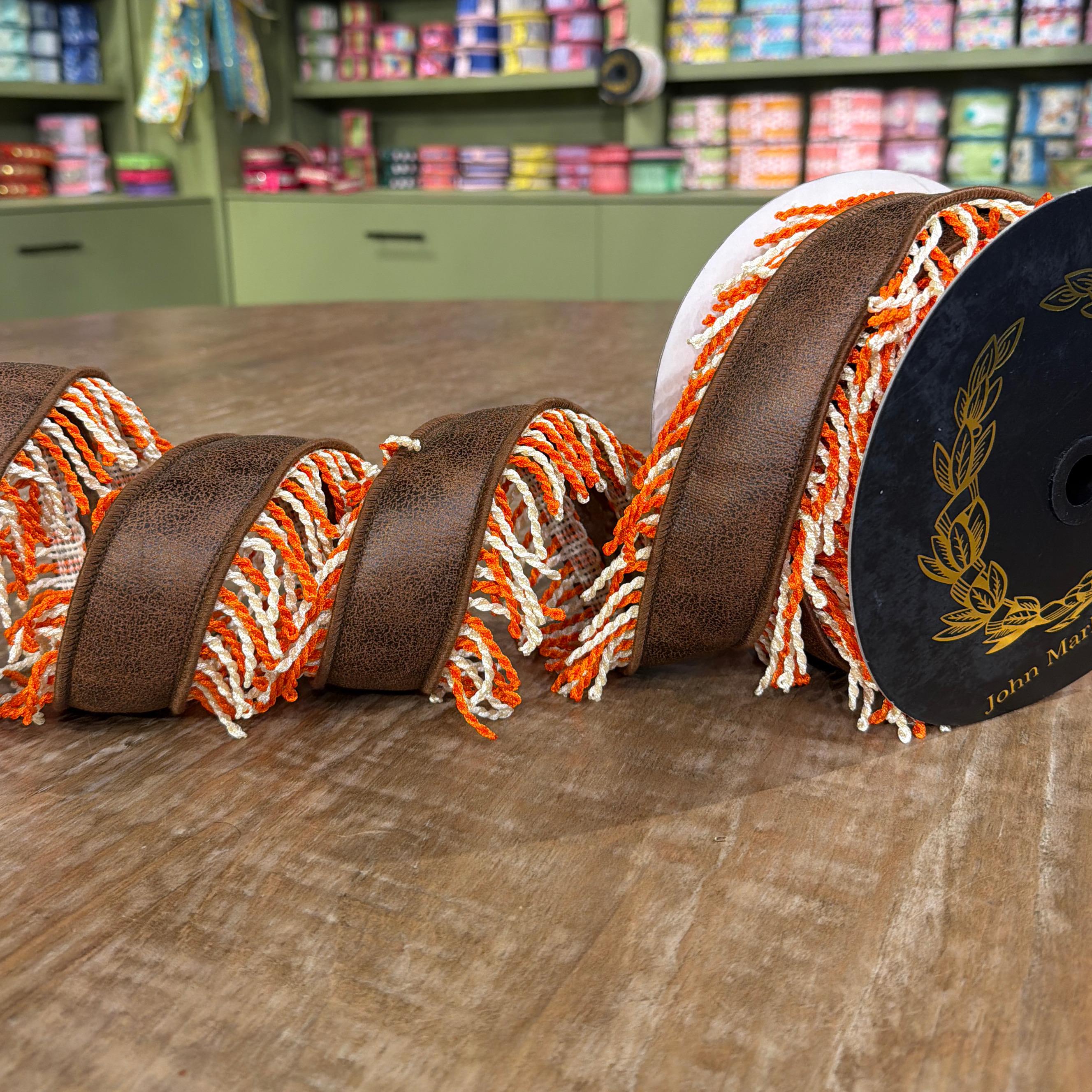 John Mark Pleather Fringe Wired Ribbon - Orange, 4" x 10 yd