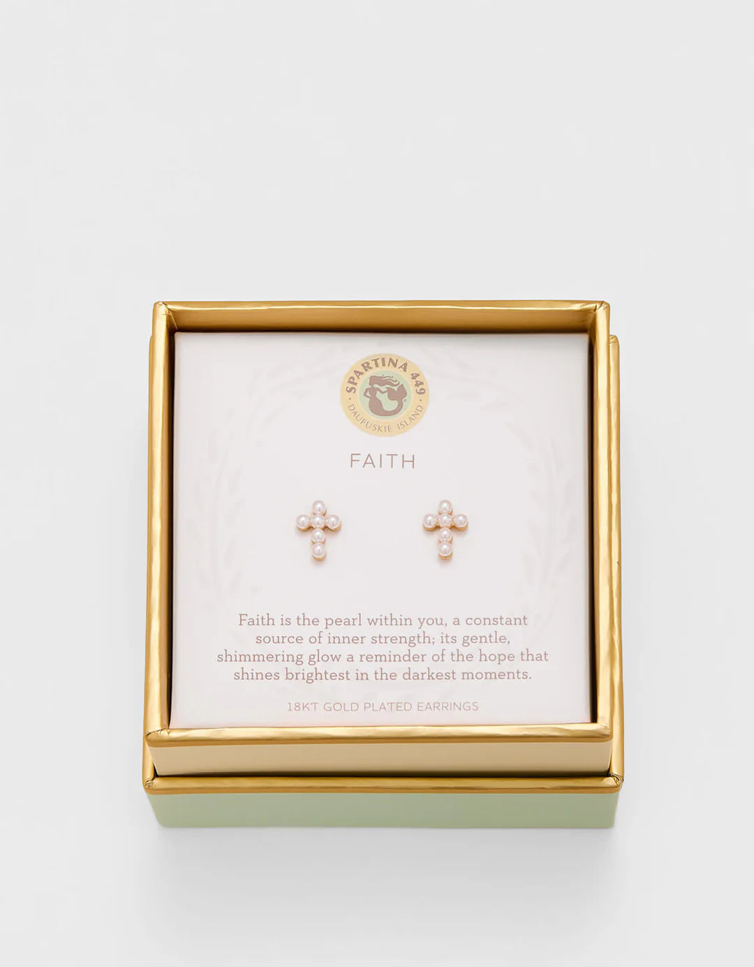 Spartina SLV Stud Earrings Faith/Pearl Cross Gold
