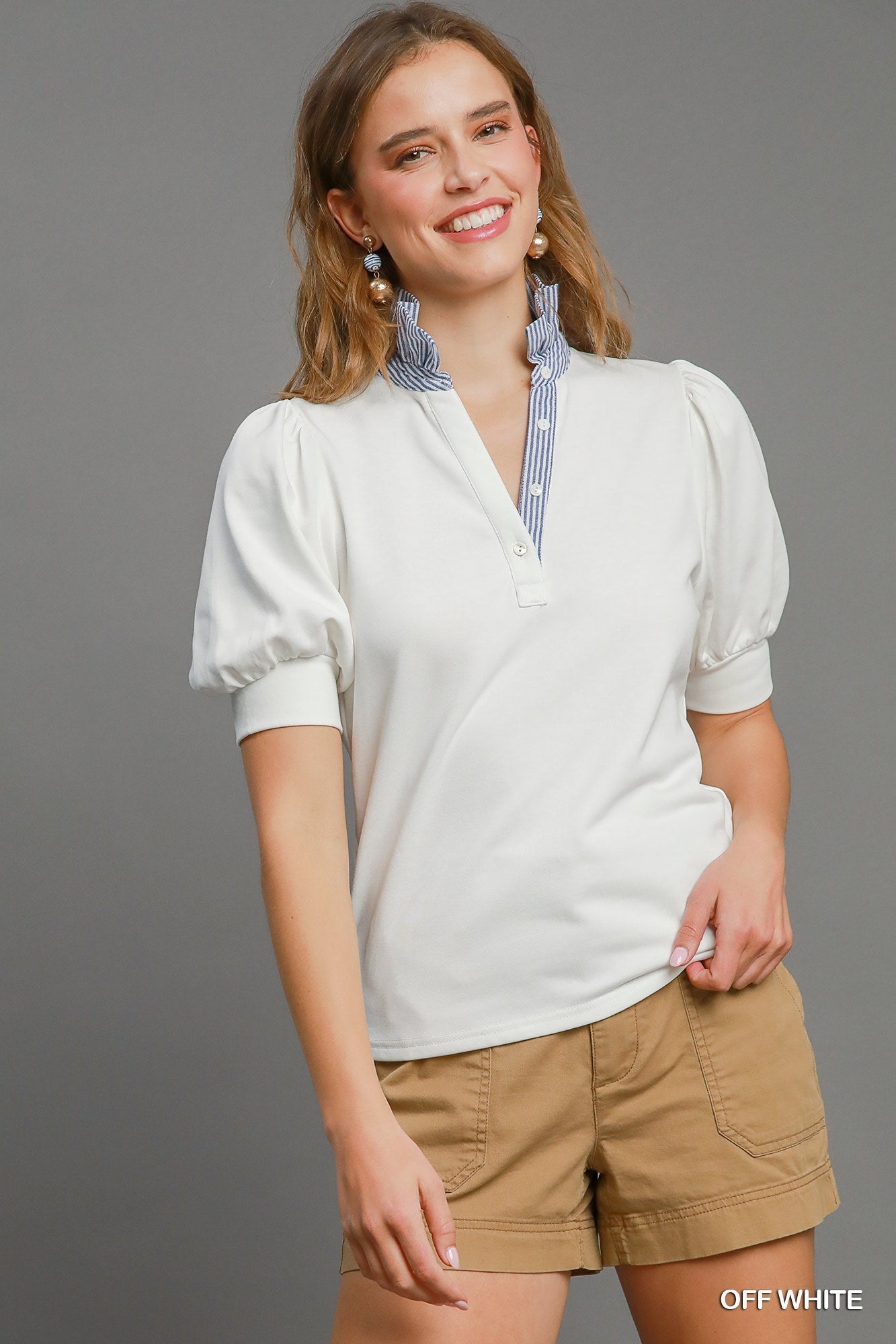 Sally Striped Collar Puff Sleeve Polo Top