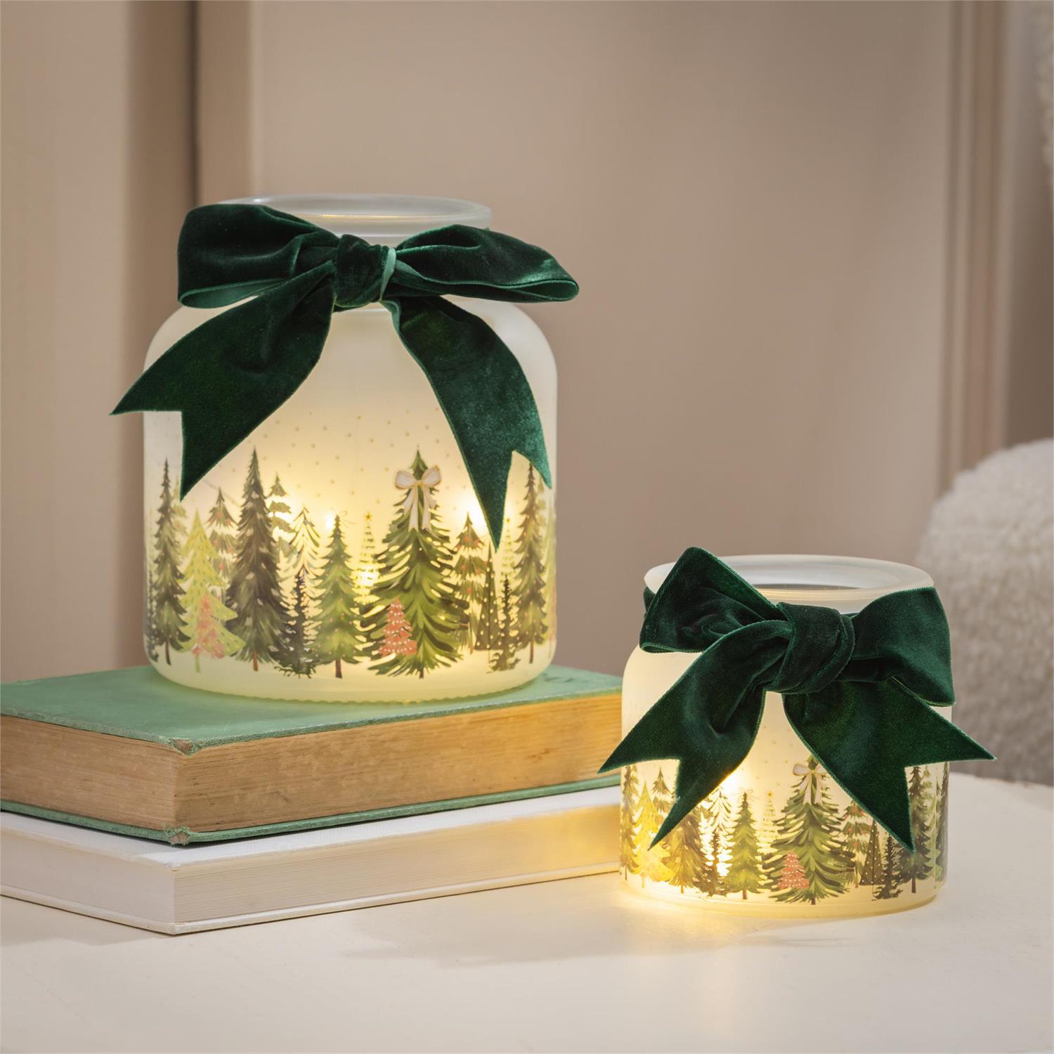 Shades of Emerald LED Glass Jar with Bow, Set of 2