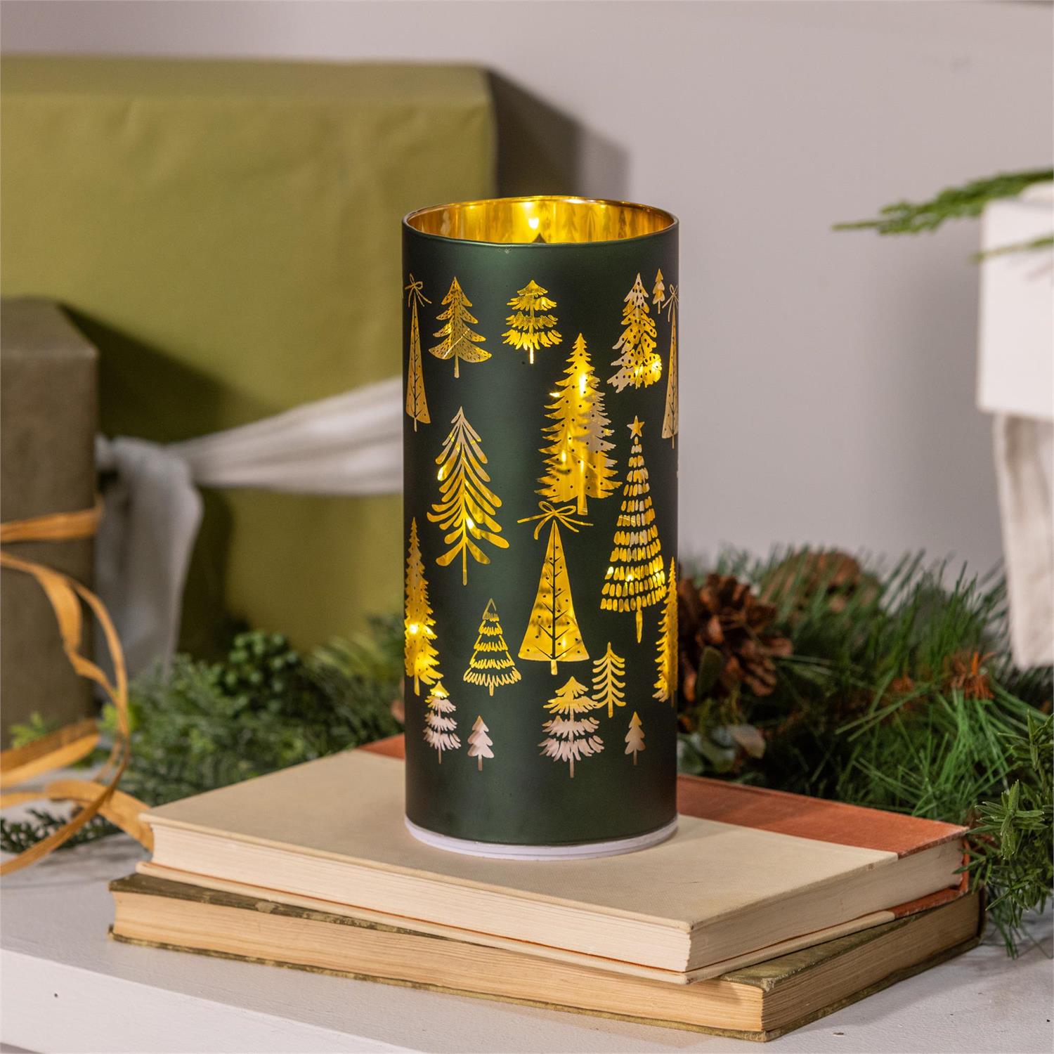 Shades of Emerald LED Glass, Trees, 8"H
