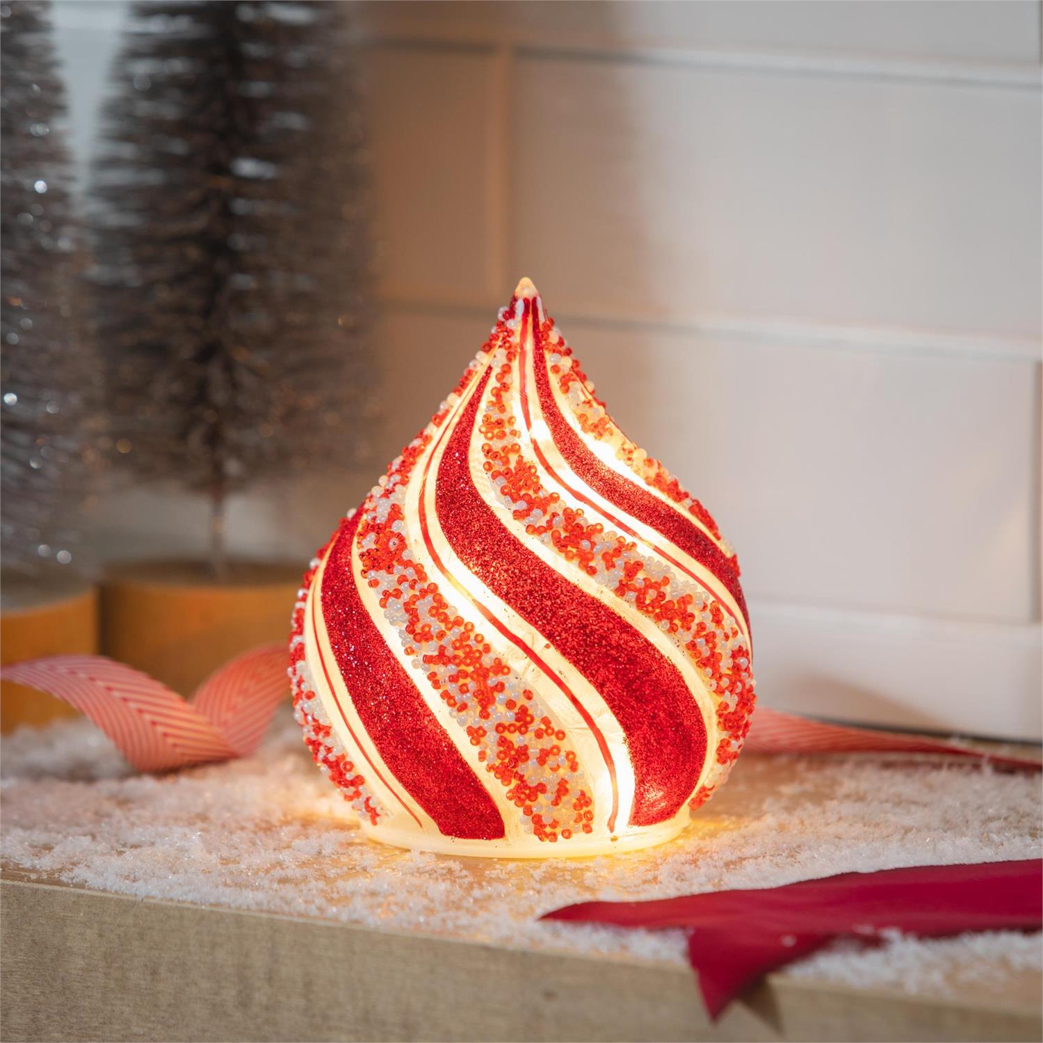 Sugar & Stripes LED Glass Teardrop Peppermint Striped, Set of 2