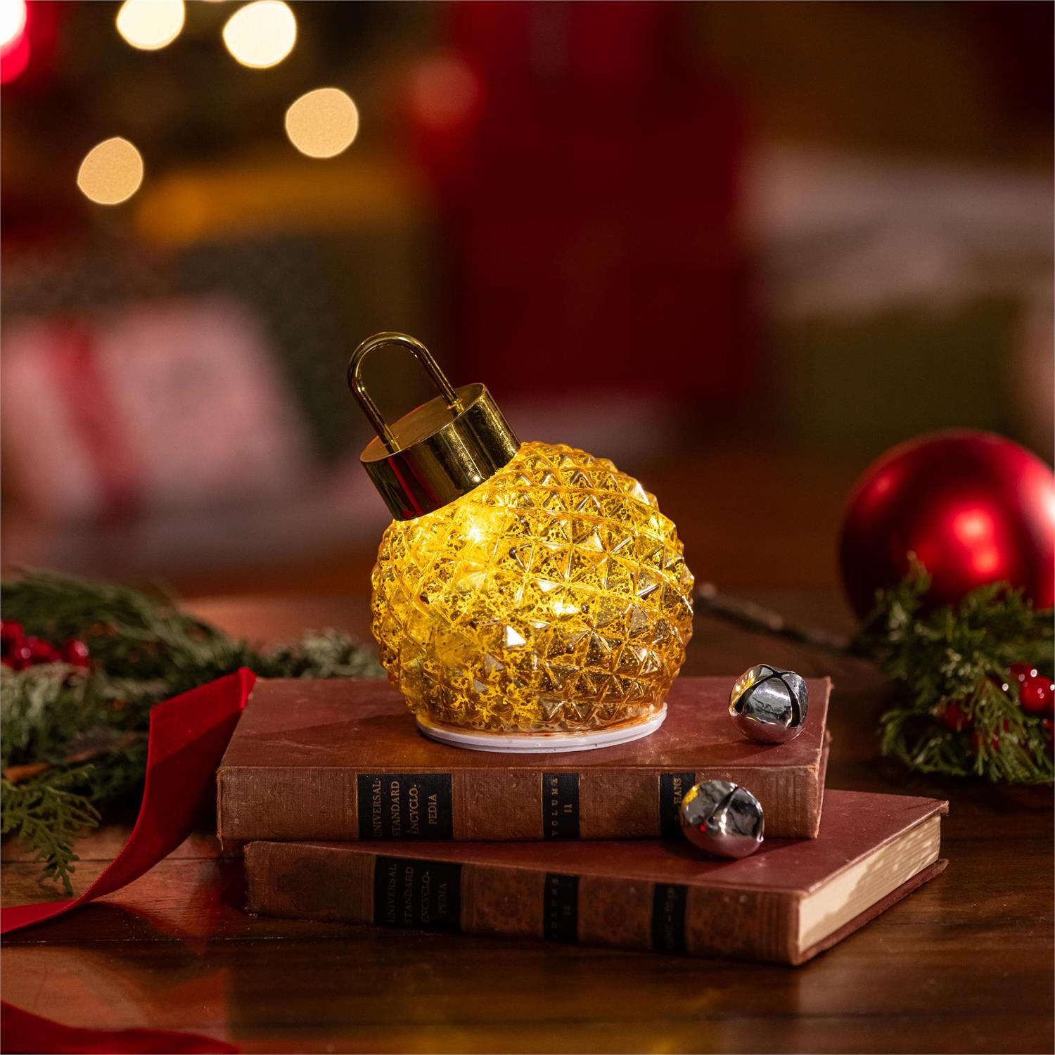 Pearl & Pine LED Glass Ornament, 5"W x 6"H