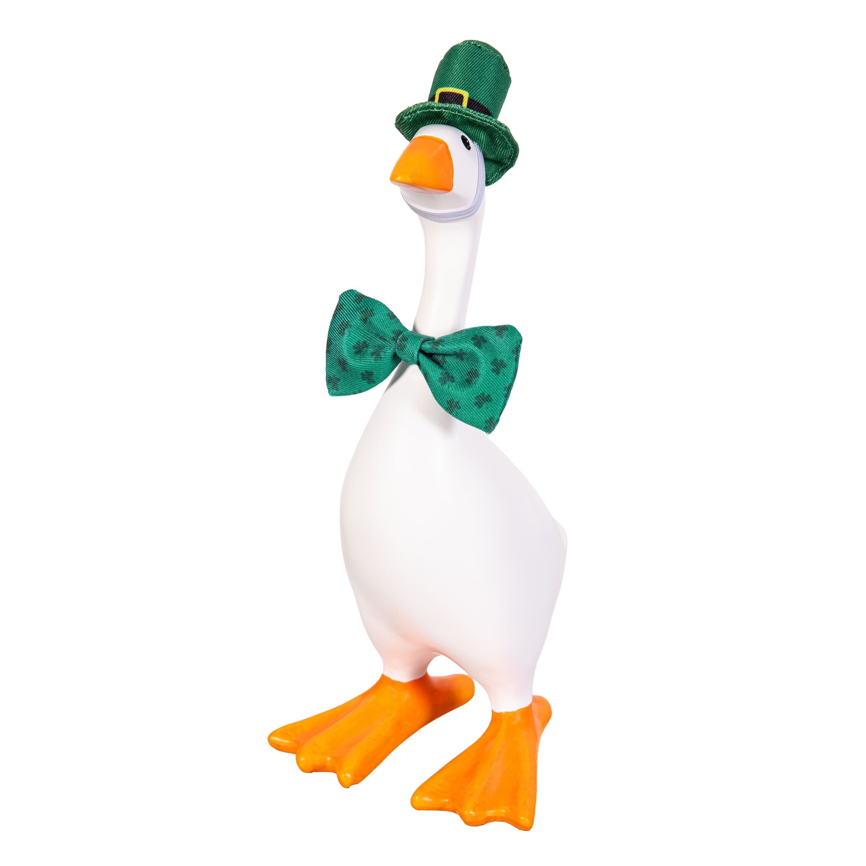 Tabletop fabric Gordy goose wearing the St Patrick's Day accessory set - alternate view