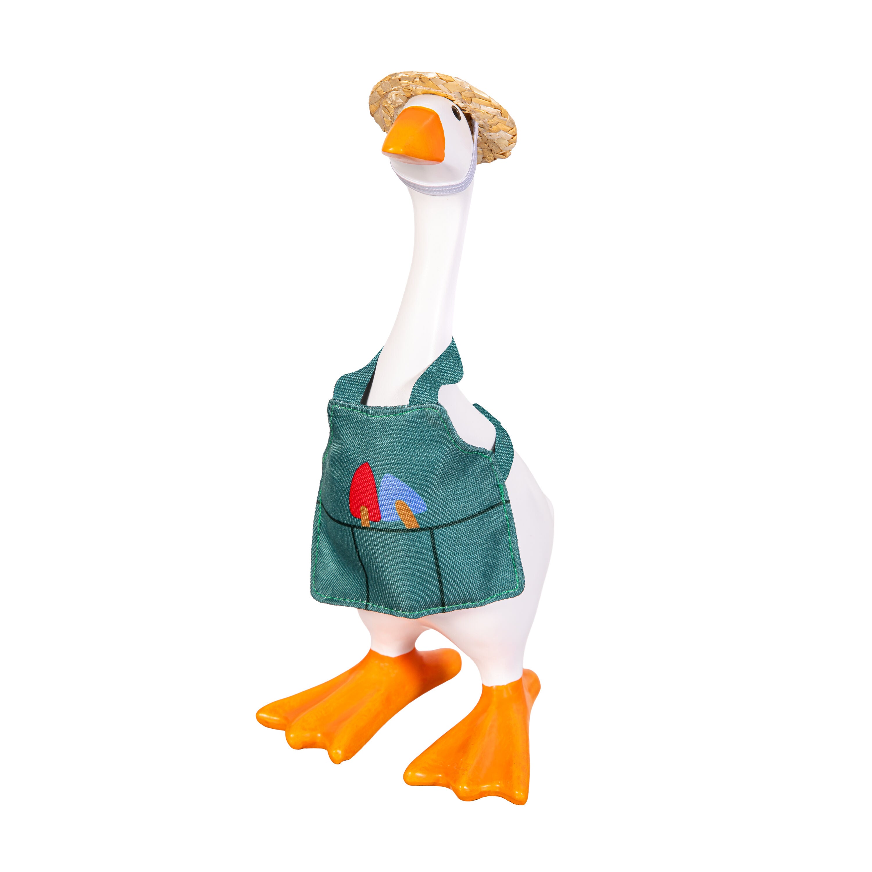 Tabletop fabric Gordy goose wearing the Gardener accessory set - alternate view