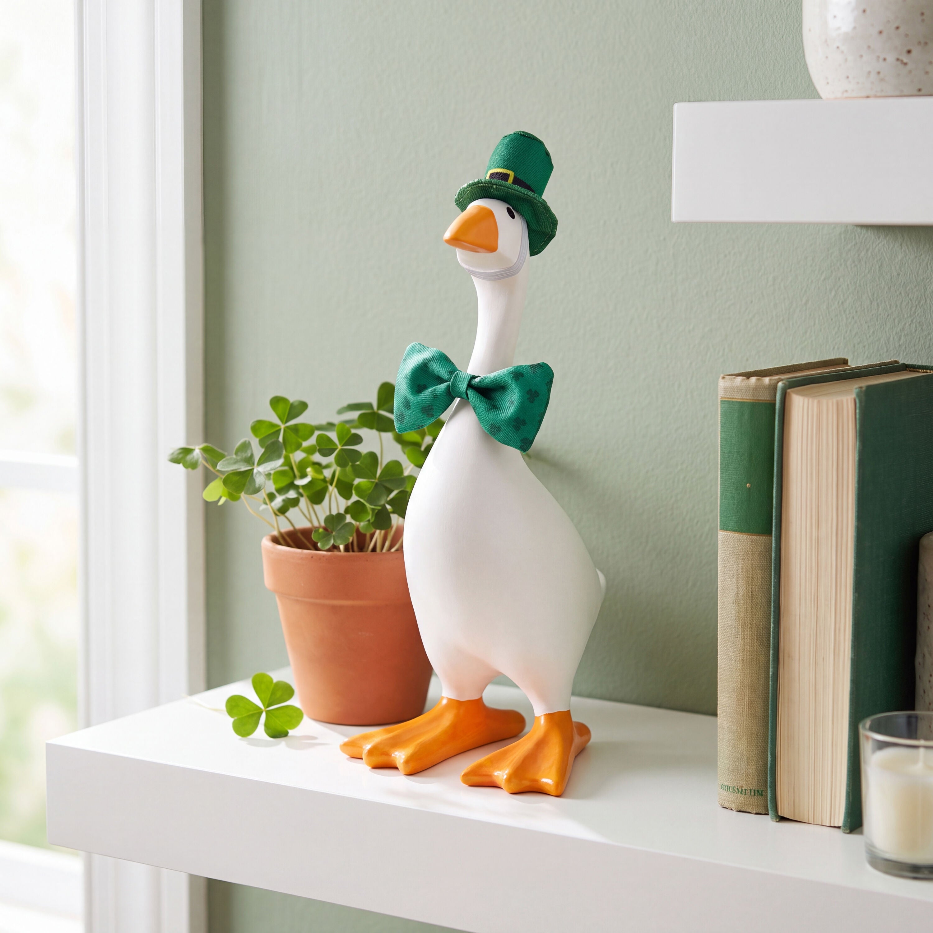 Tabletop fabric Gordy goose wearing the St Patrick's Day accessory set
