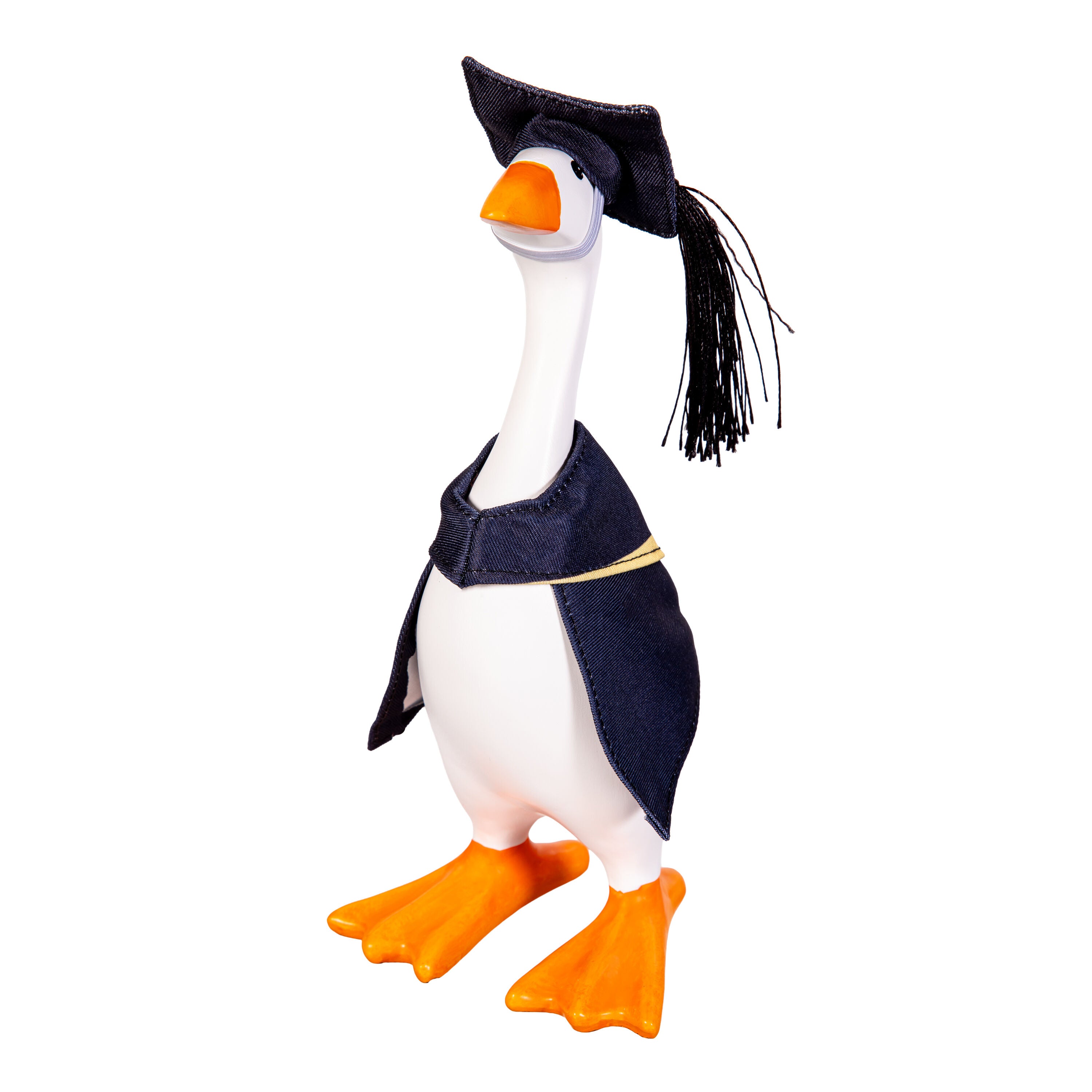 Tabletop fabric Gordy goose wearing the Graduation accessory set - alternate view