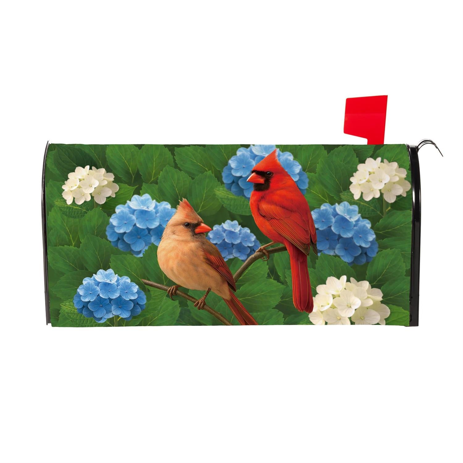 Cardinal Couple Among Hydrangea  Mailbox Cover by Evergreen