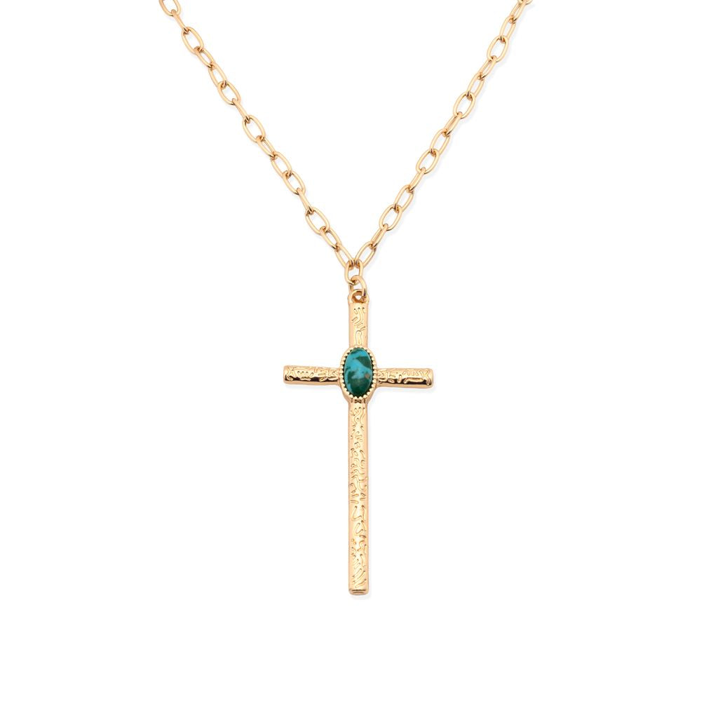 Marie-Gold Cross Blue Stone Paperclip Chain