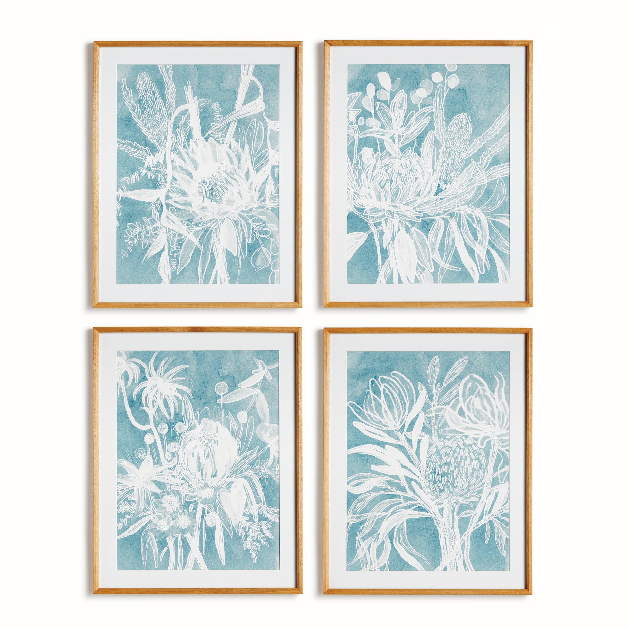 Protea Abstract Prints In Soft Blue, Set Of 4