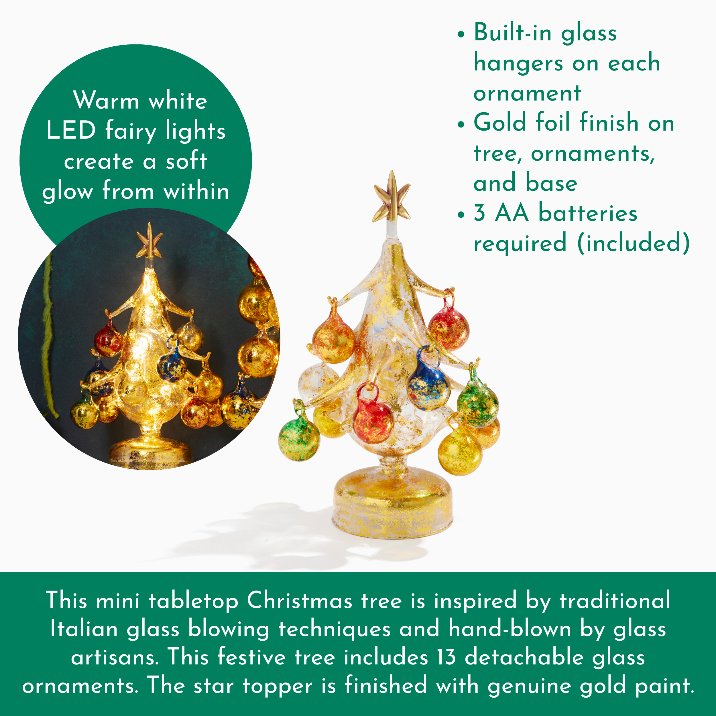 Gold LED Glass Tree with Ornaments, Small - view 3