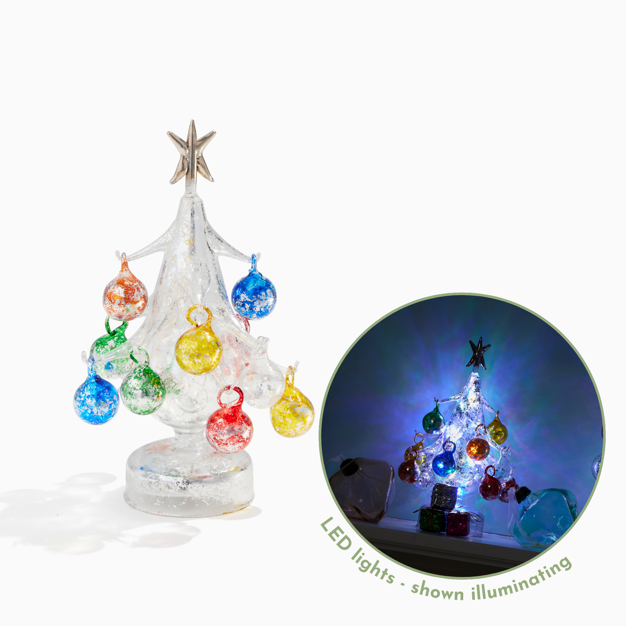 Silver LED Glass Tree with Ornaments, Small