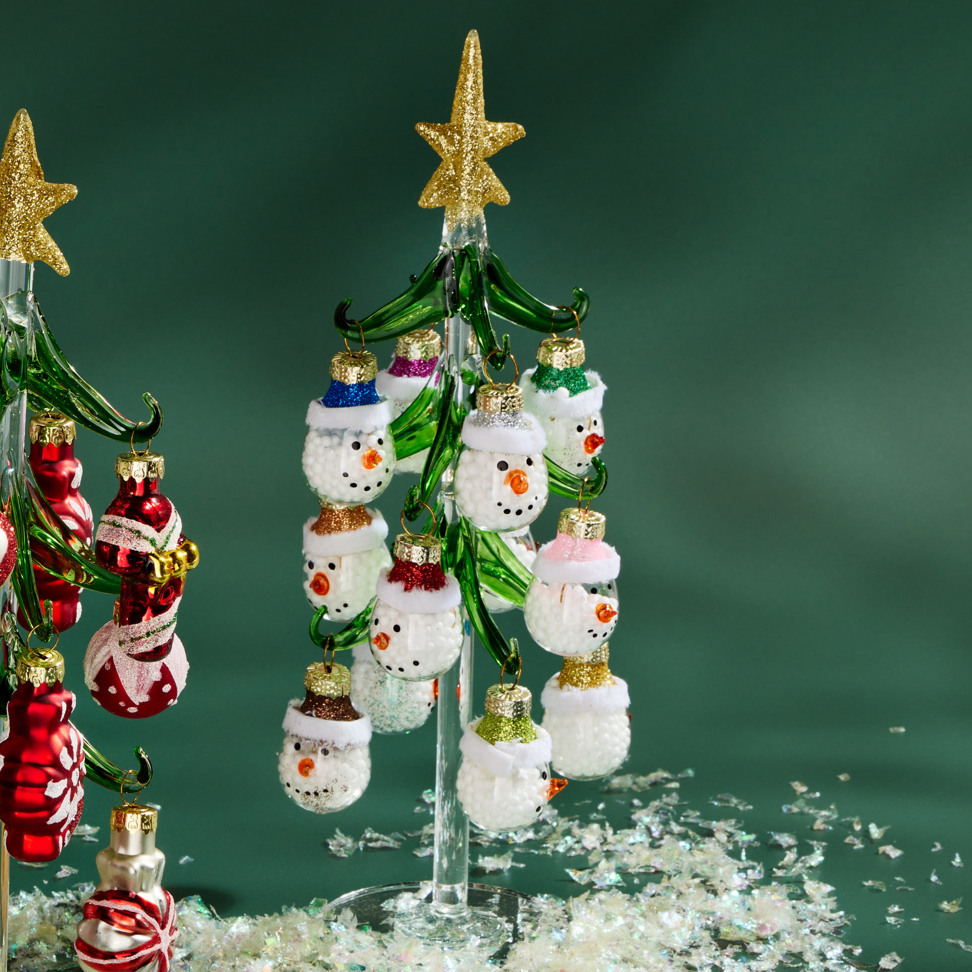 Mini Glass Christmas Tree with Snowman Ornaments
