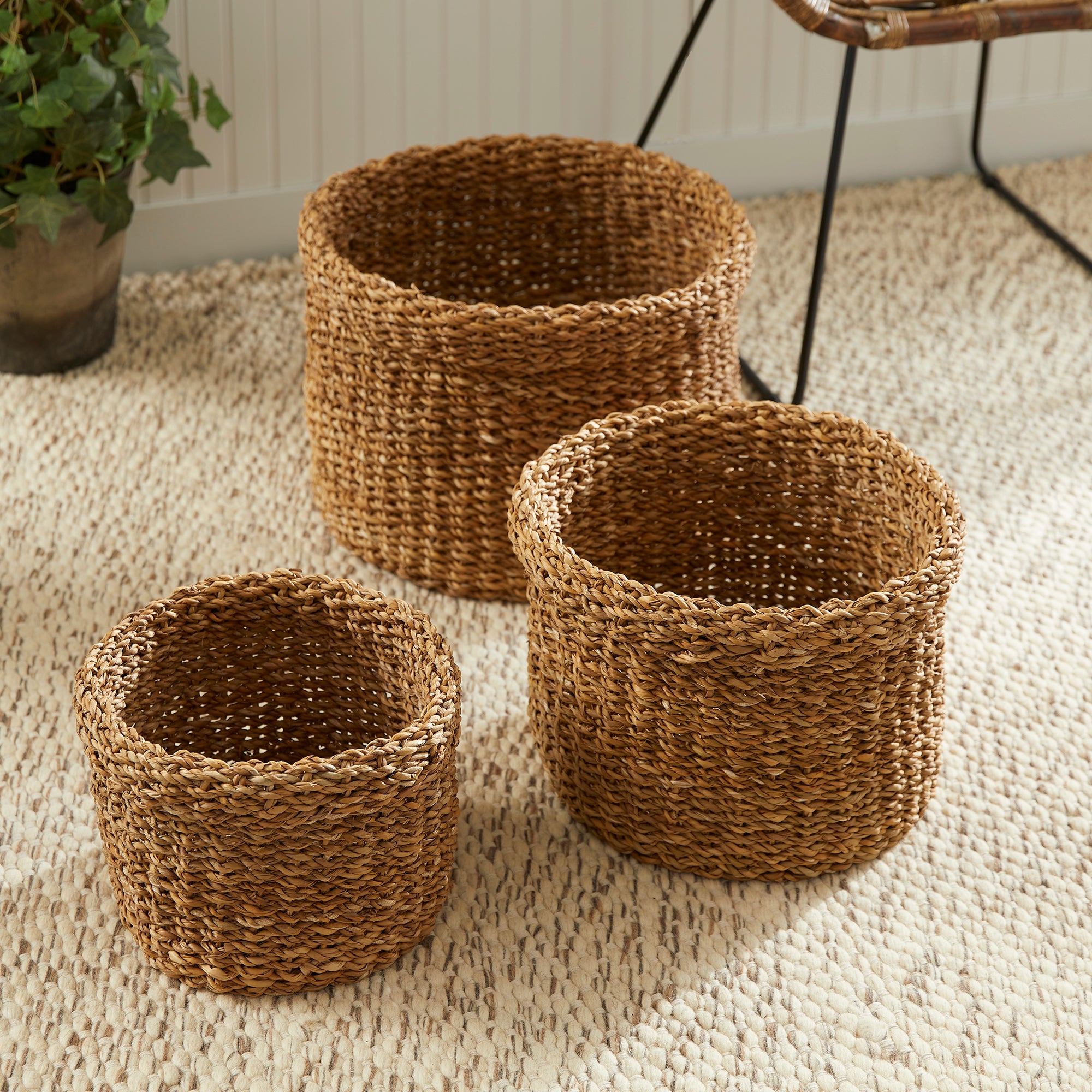 SEAGRASS ROUND BASKETS WITH CUFFS, SET OF 3 - view 3
