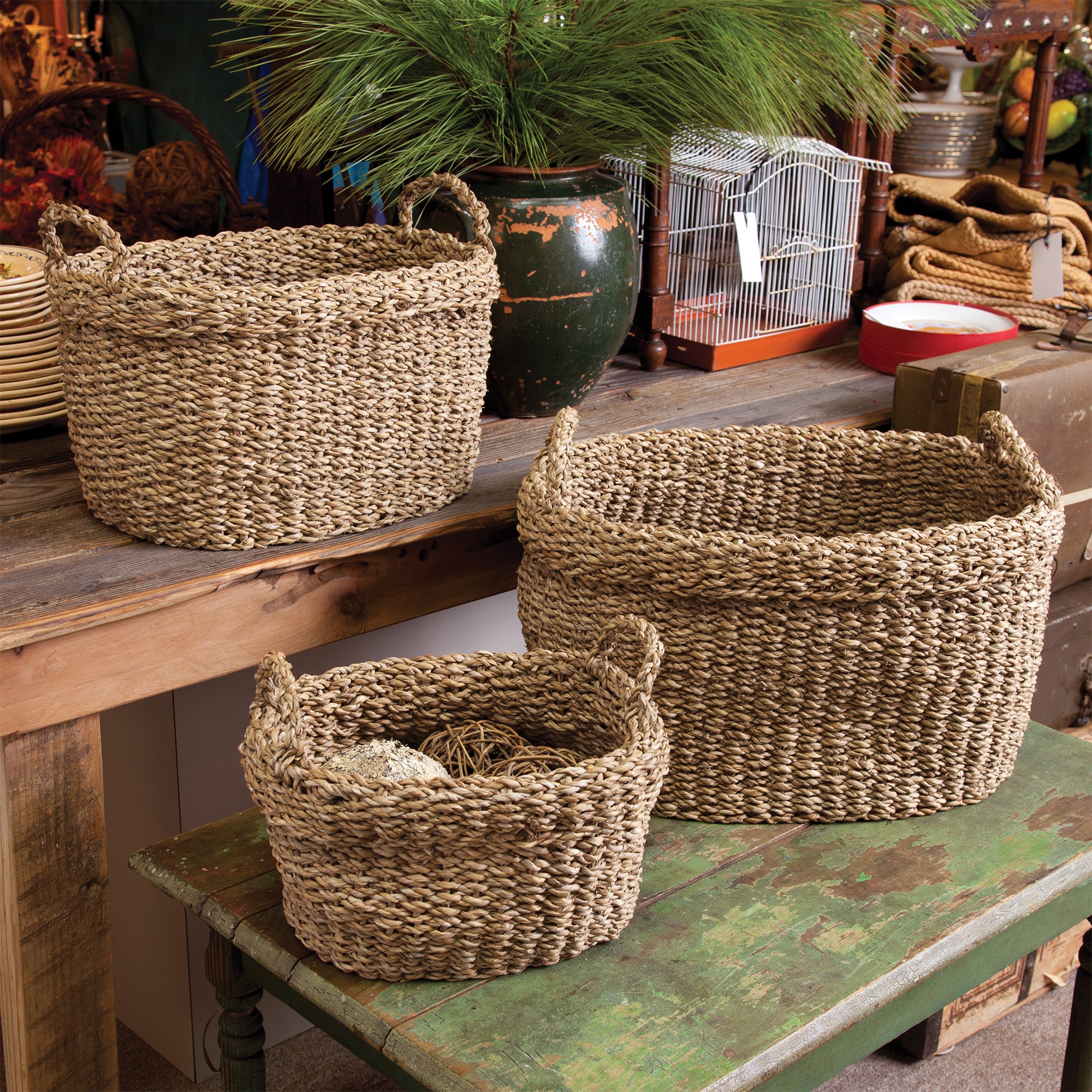 Seagrass Oval Baskets With Handles, Set Of 3 - View 2