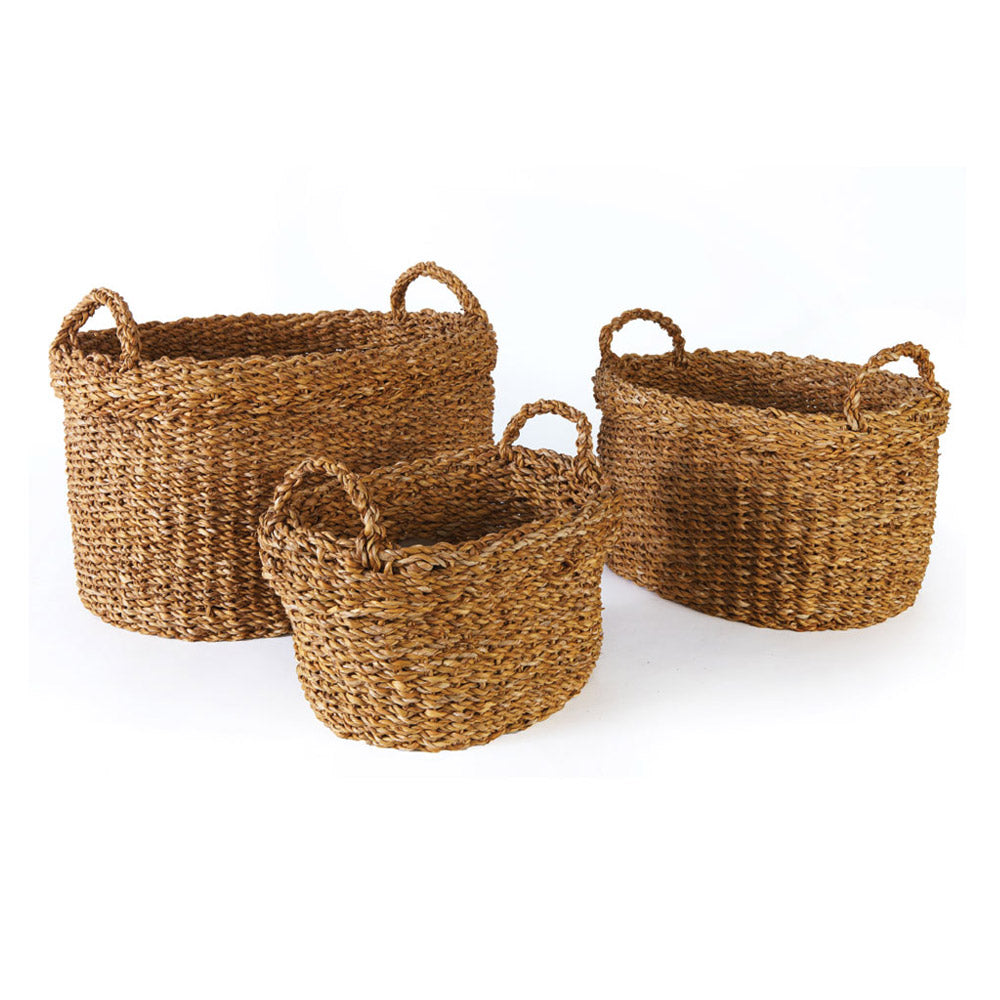 Seagrass Oval Baskets With Handles, Set Of 3