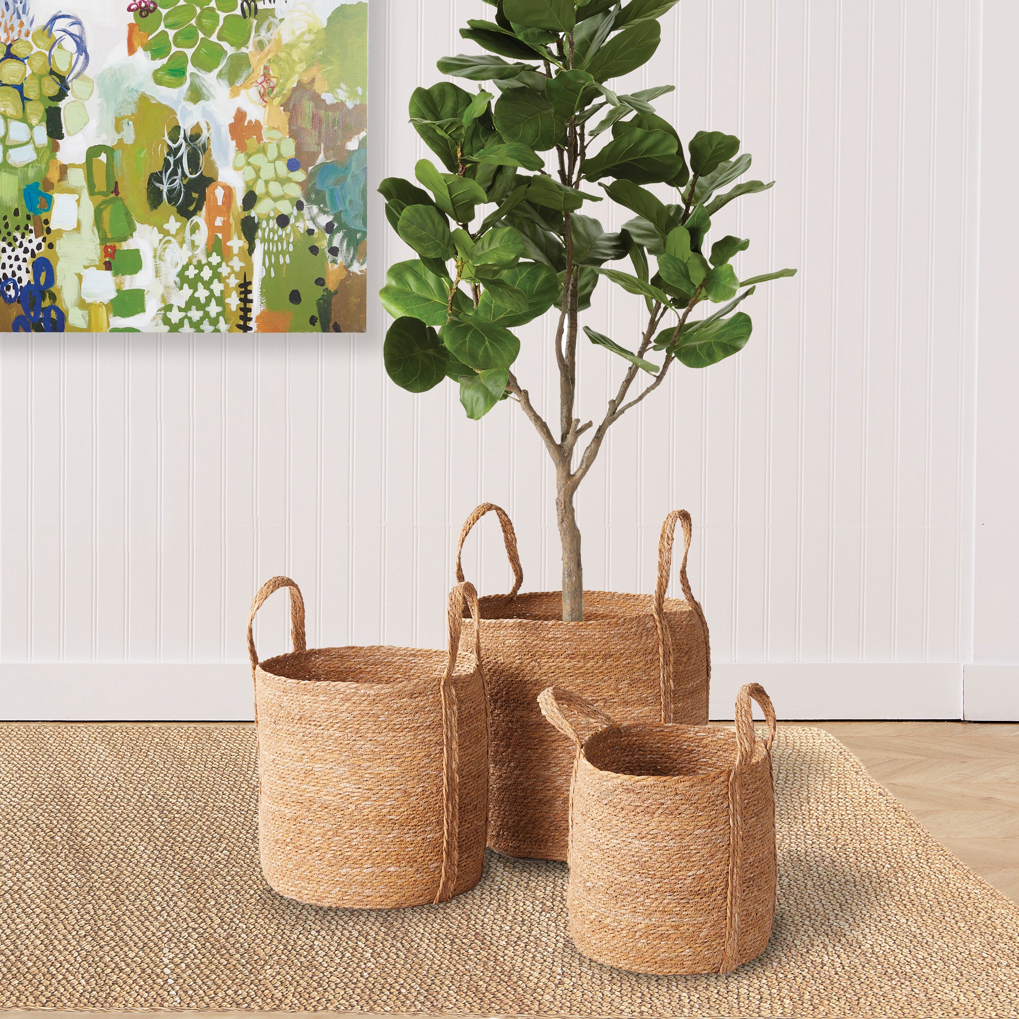 SEAGRASS ROUND BASKETS WITH LONG HANDLES, SET OF 3 - view 2
