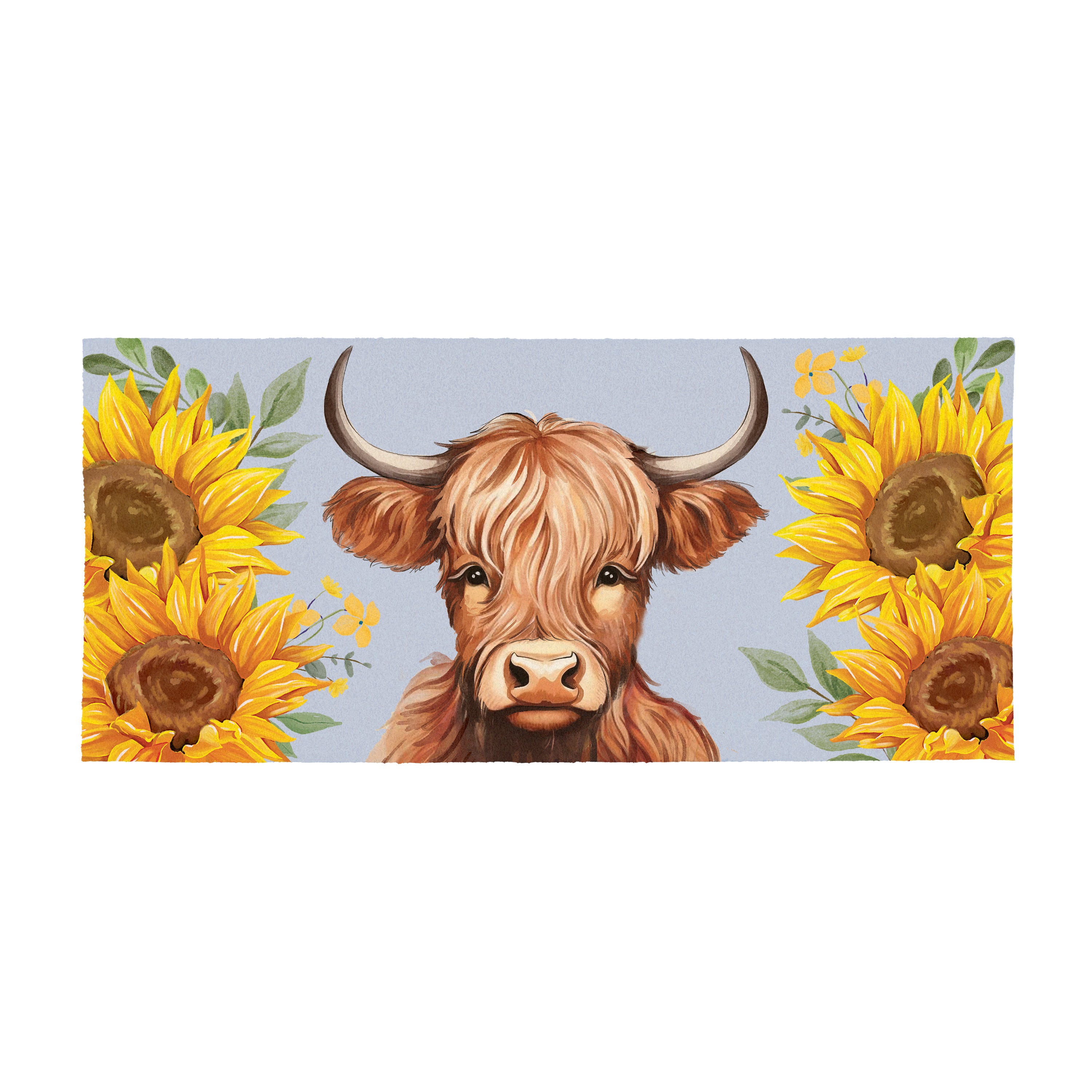 Grateful Gatherings Highland Cow and Sunflowers Flocked Coir Sassafras Mat, 22"x10”